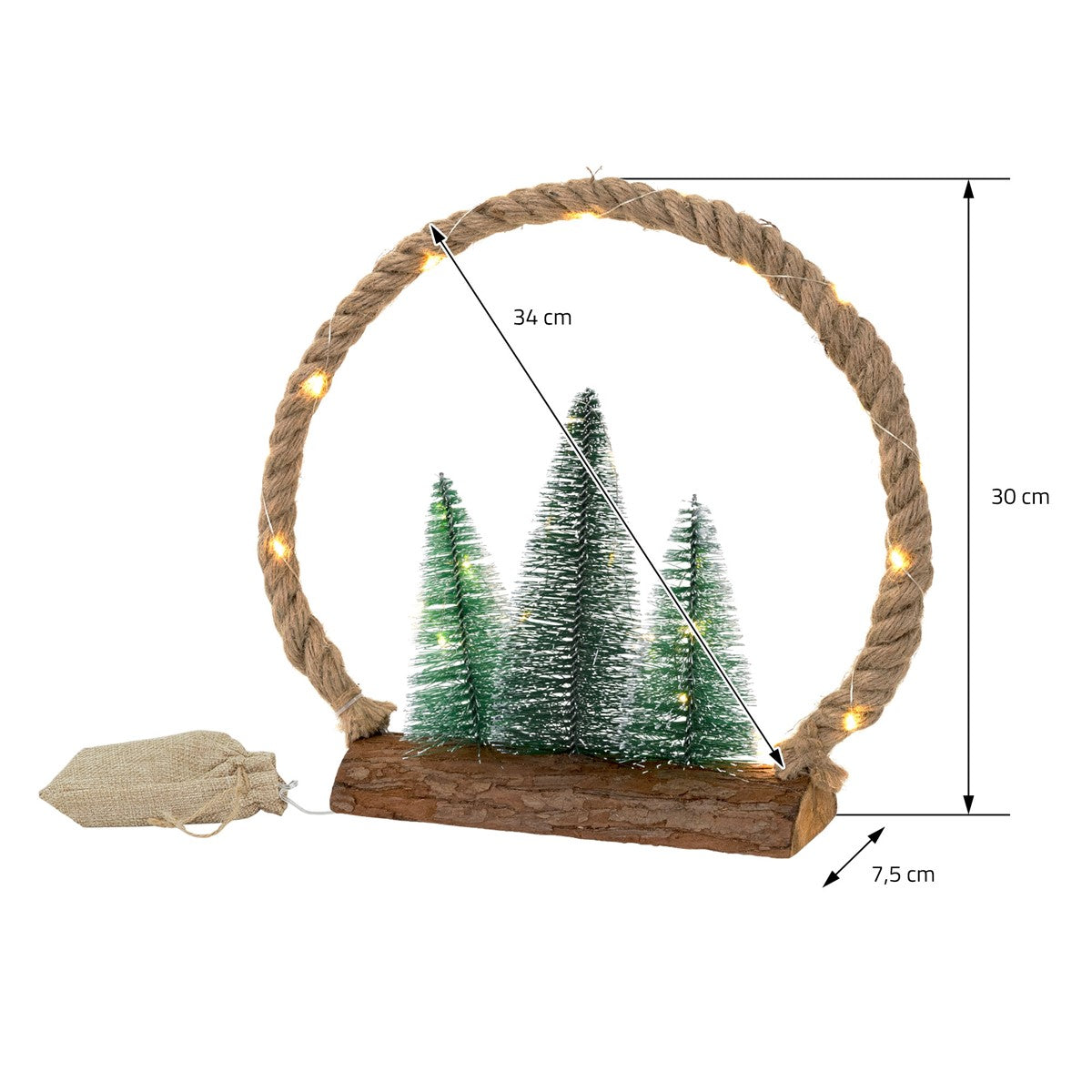 ECD Germany Haus Déco Noël Cercle Jute LED Blanc Chaud 30 cm