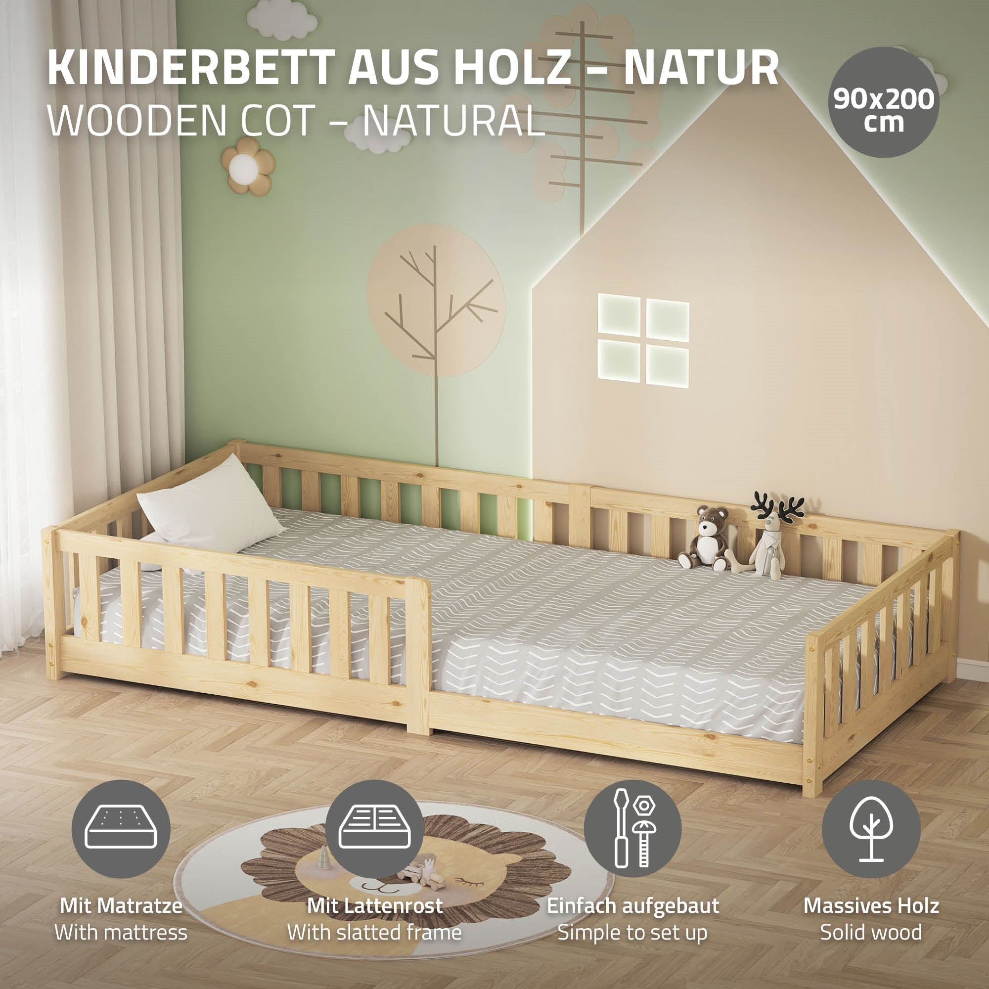 ECD Germany Kinder Lit enfant 90x200 pin nature matelas 10 cm inclus