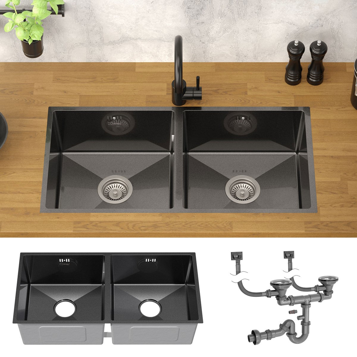 ECD Germany évier cuisine double bac inox anthracite 81,5 cm