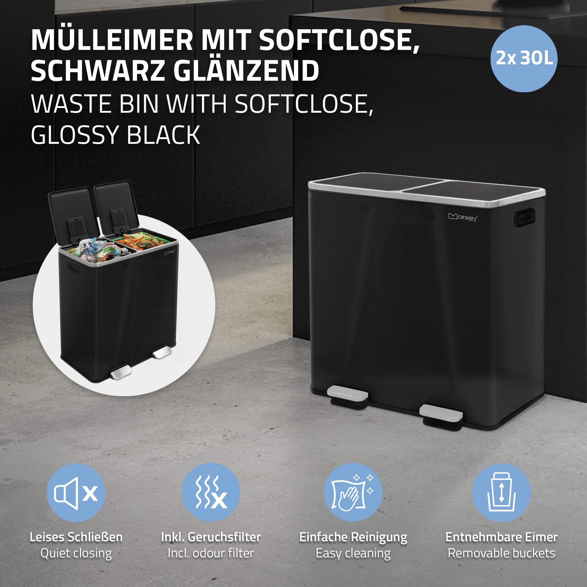 ECD Germany Möbel poubelle tri 2x30L anthracite pédale