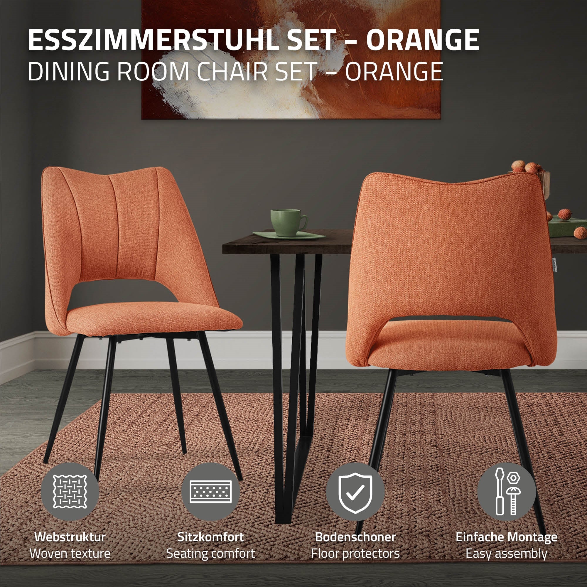 ECD Germany Möbel chaise salle à manger orange lot de 4 rembourrée