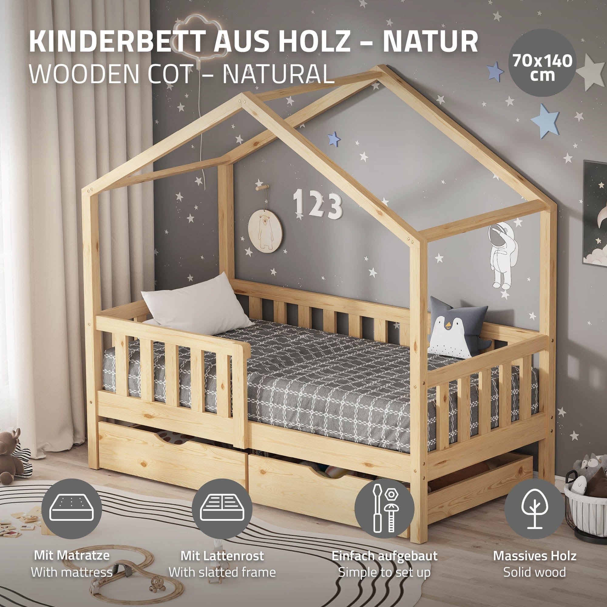 ECD Germany Kinder lit cabane 70x140 pin matelas tiroirs