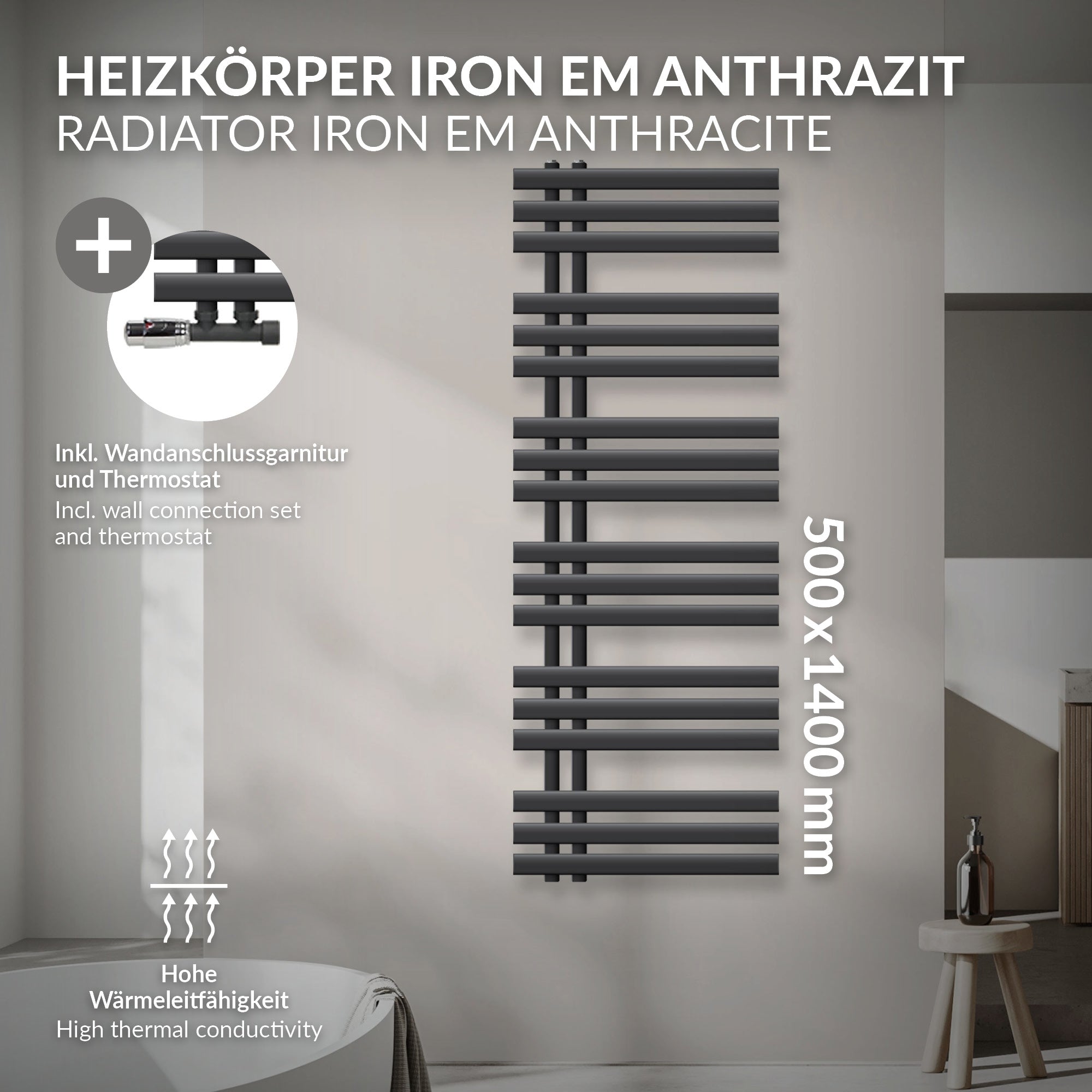 ECD Germany Heizungen radiateur salle de bain anthracite 500x1400 mm