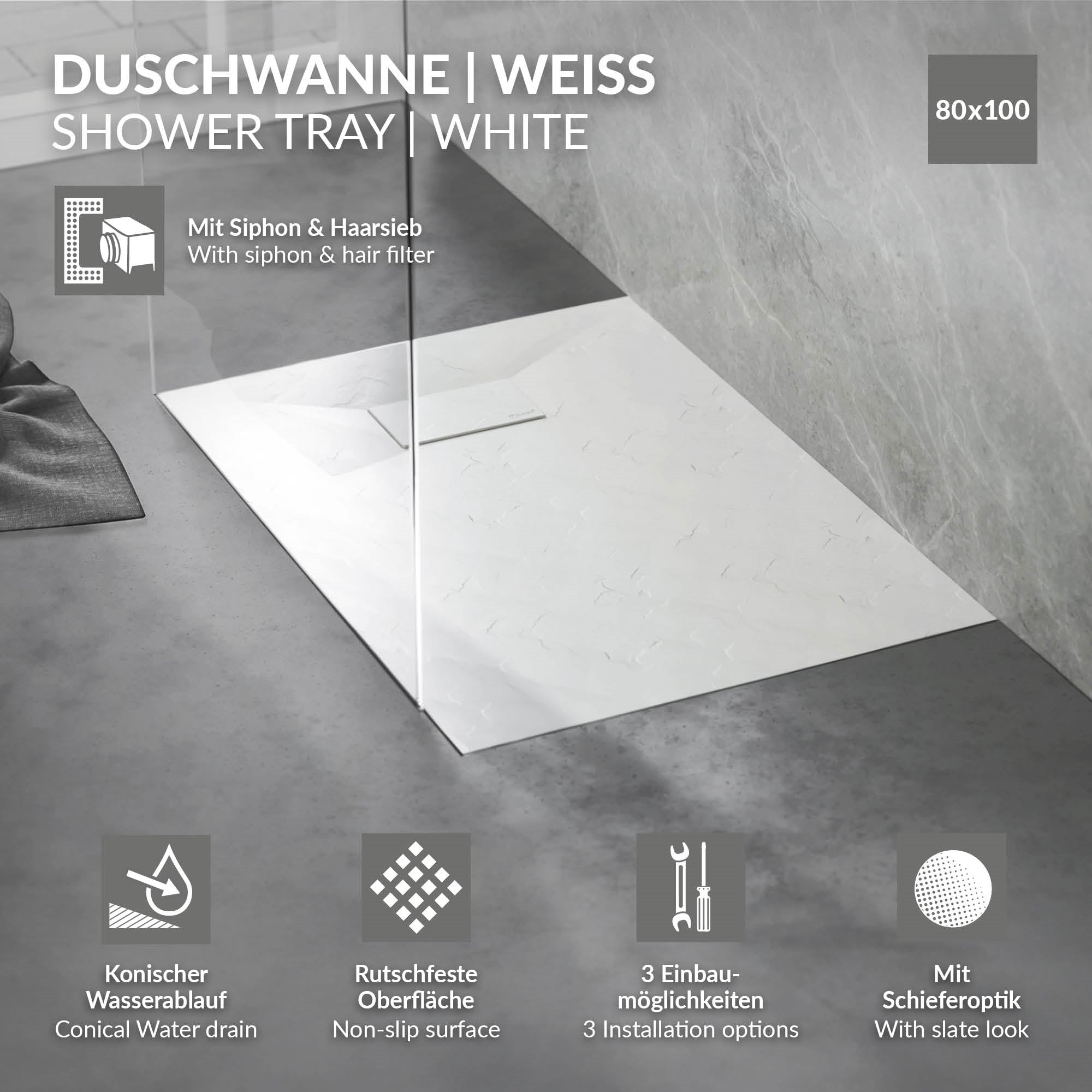 ECD Germany Sanitär LuxeBath receveur de douche blanc 100x80 extra-plat