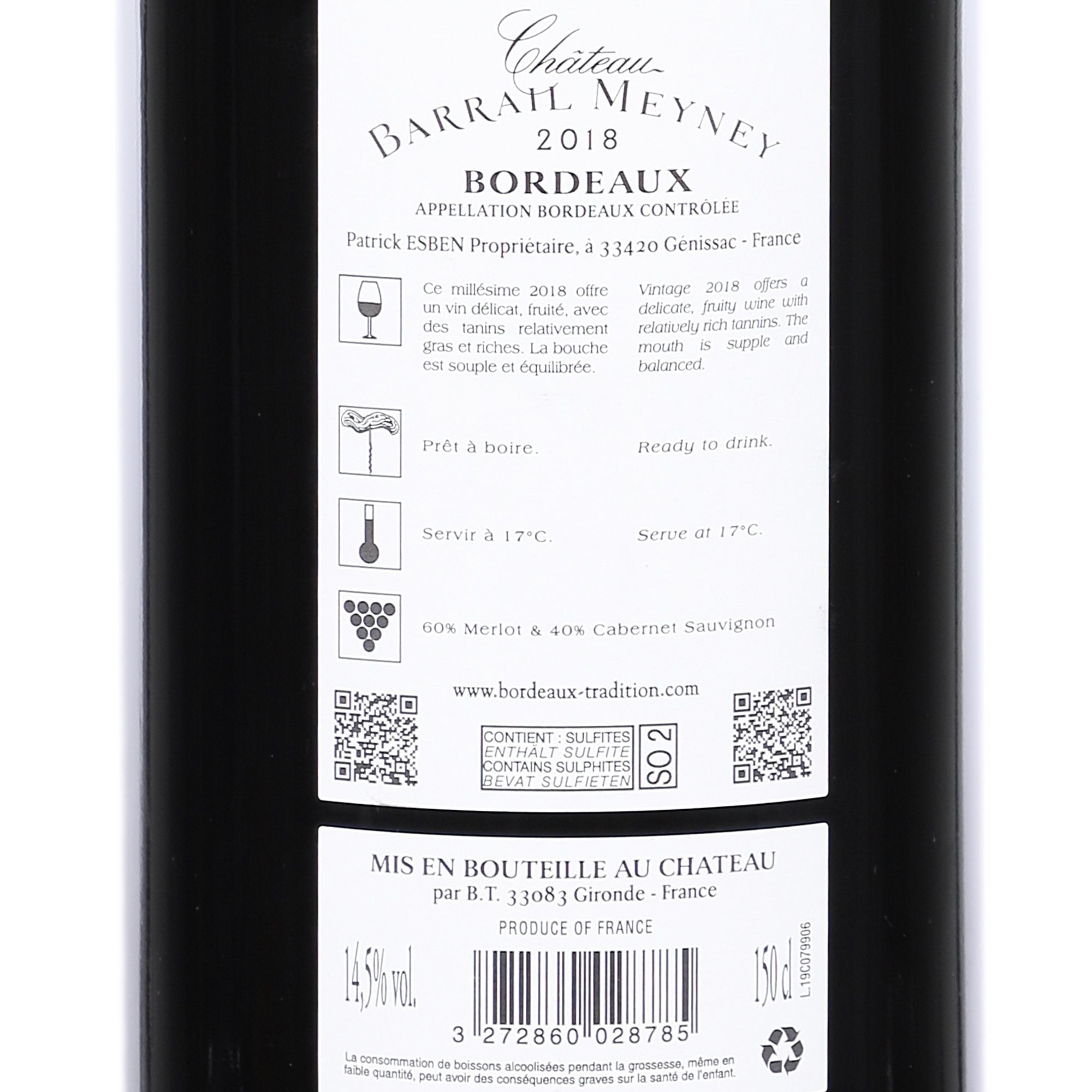 Château Barrail Neyney bordeaux AOC 2018 vin rouge 14,5%