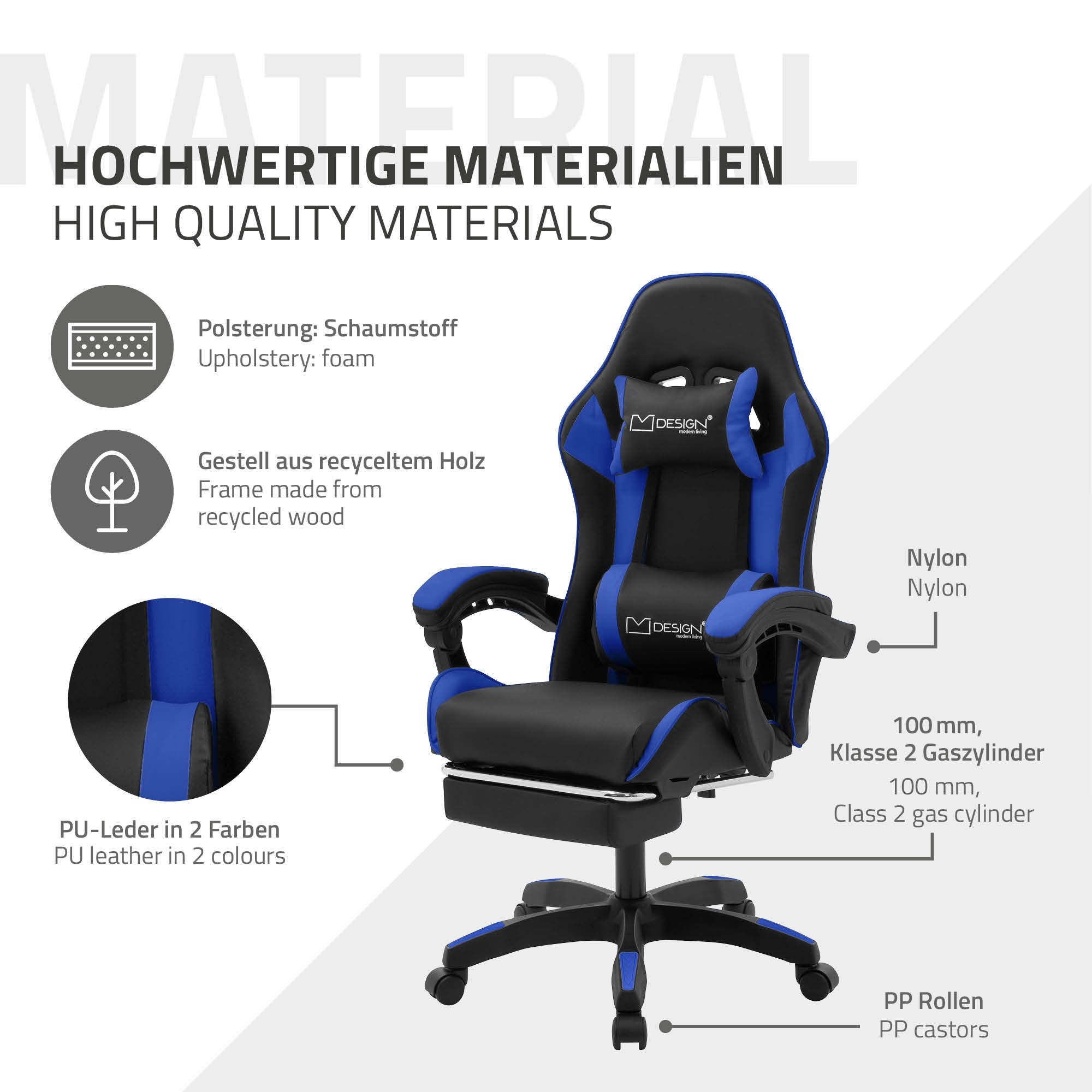 ML-Design chaise gaming simili cuir noir bleu repose-pieds
