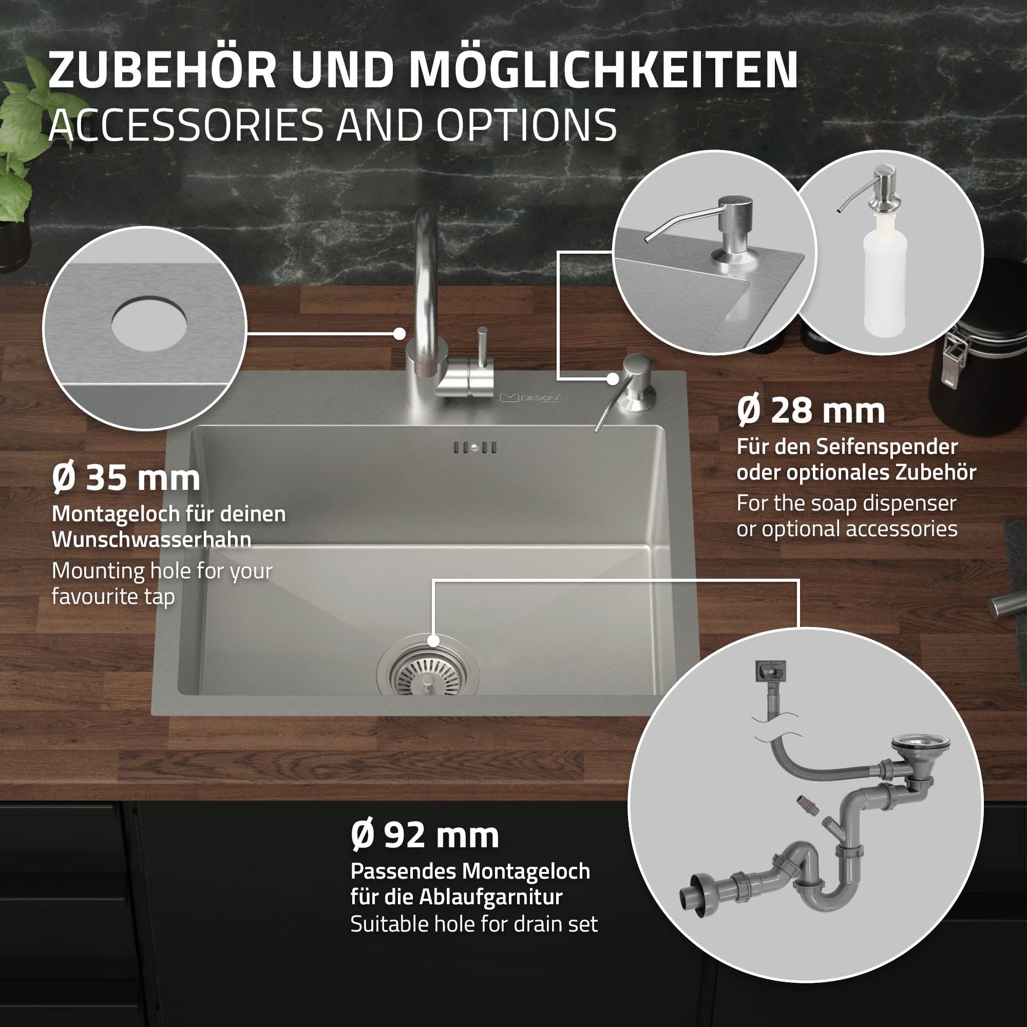 ECD Germany Évier Cuisine Inox Argent 55x45 +Siphon +Savon