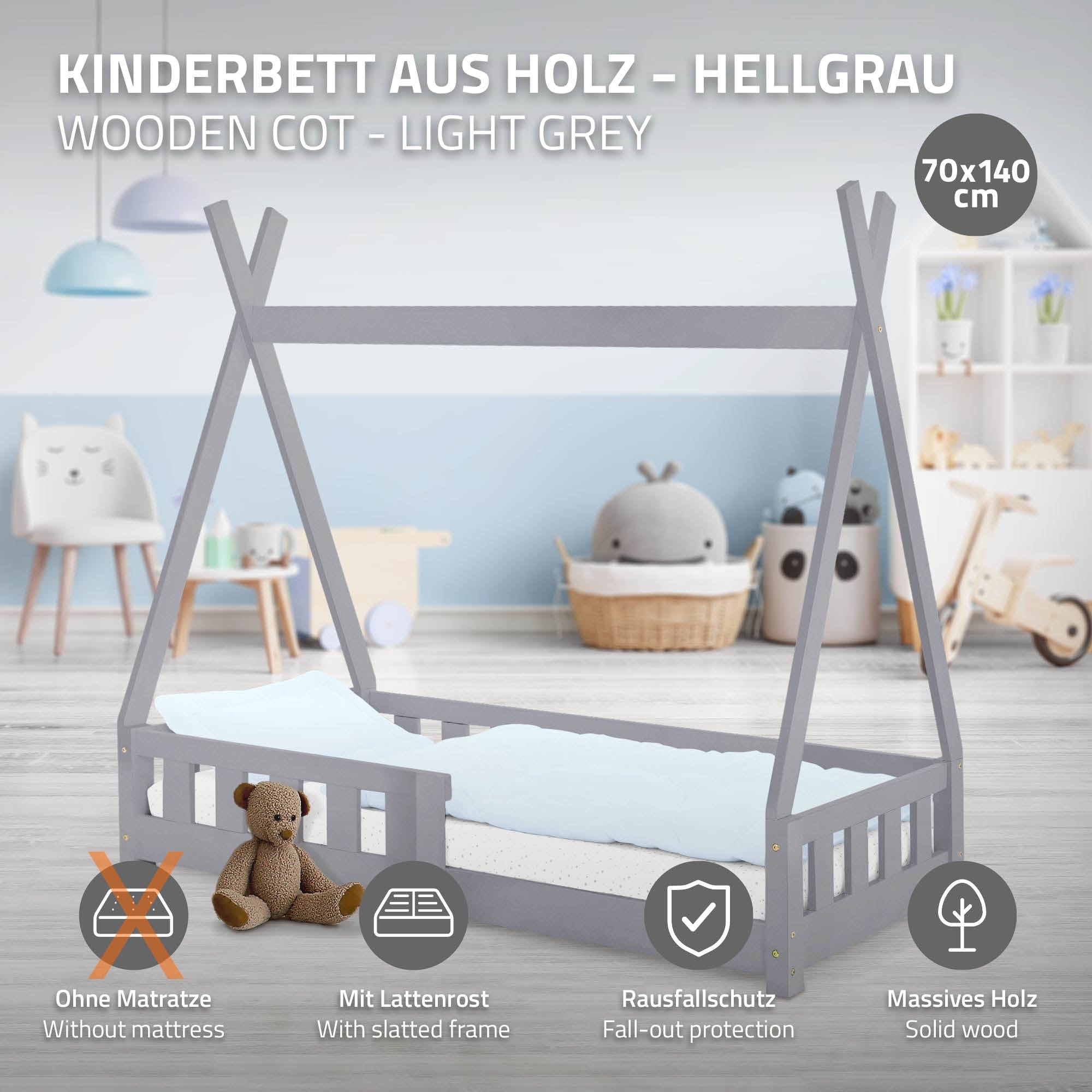 ECD Germany Kinder lit tipi enfant 70x140 gris clair pin