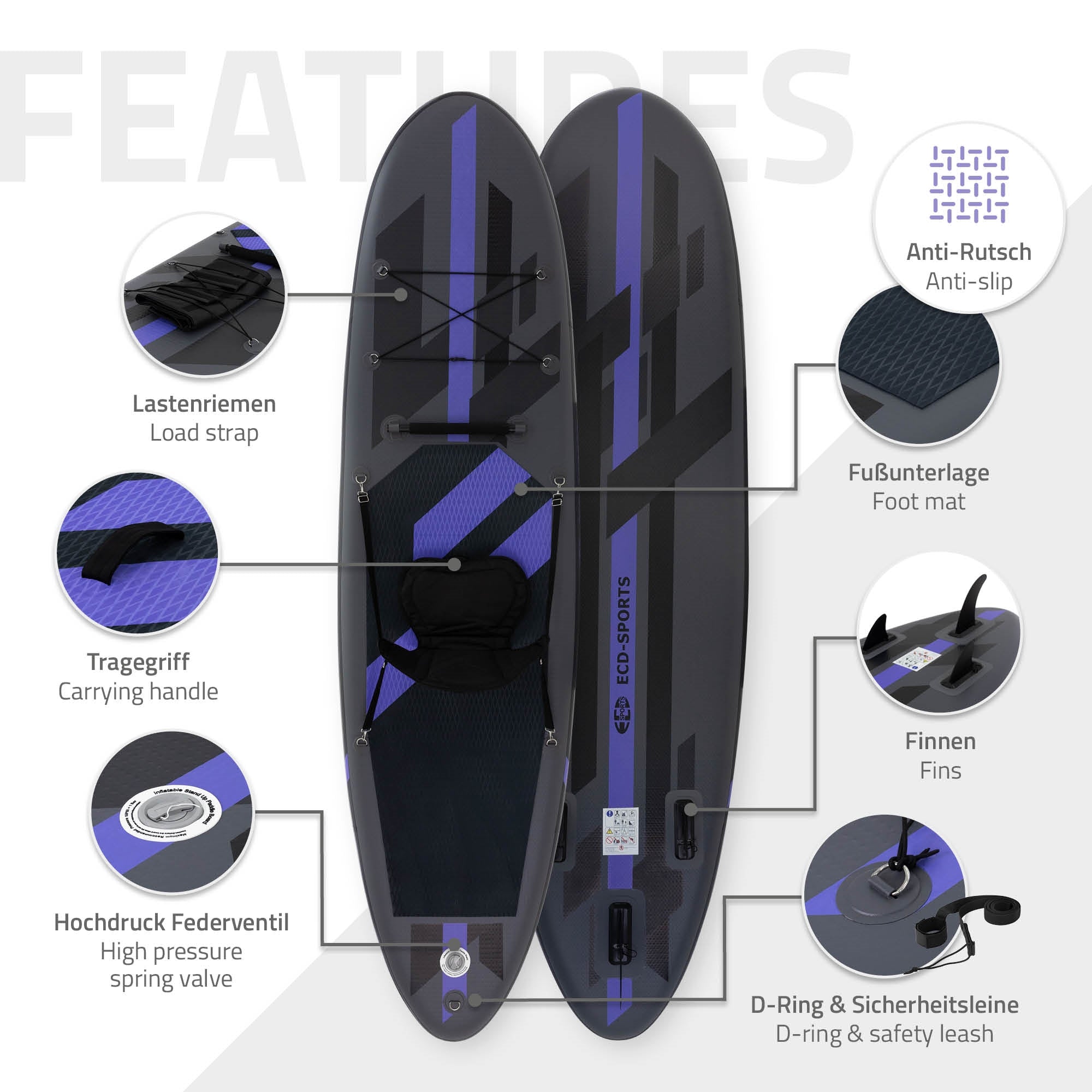 ECD Germany SUP 320x82x15 planche paddle noir siège kayak