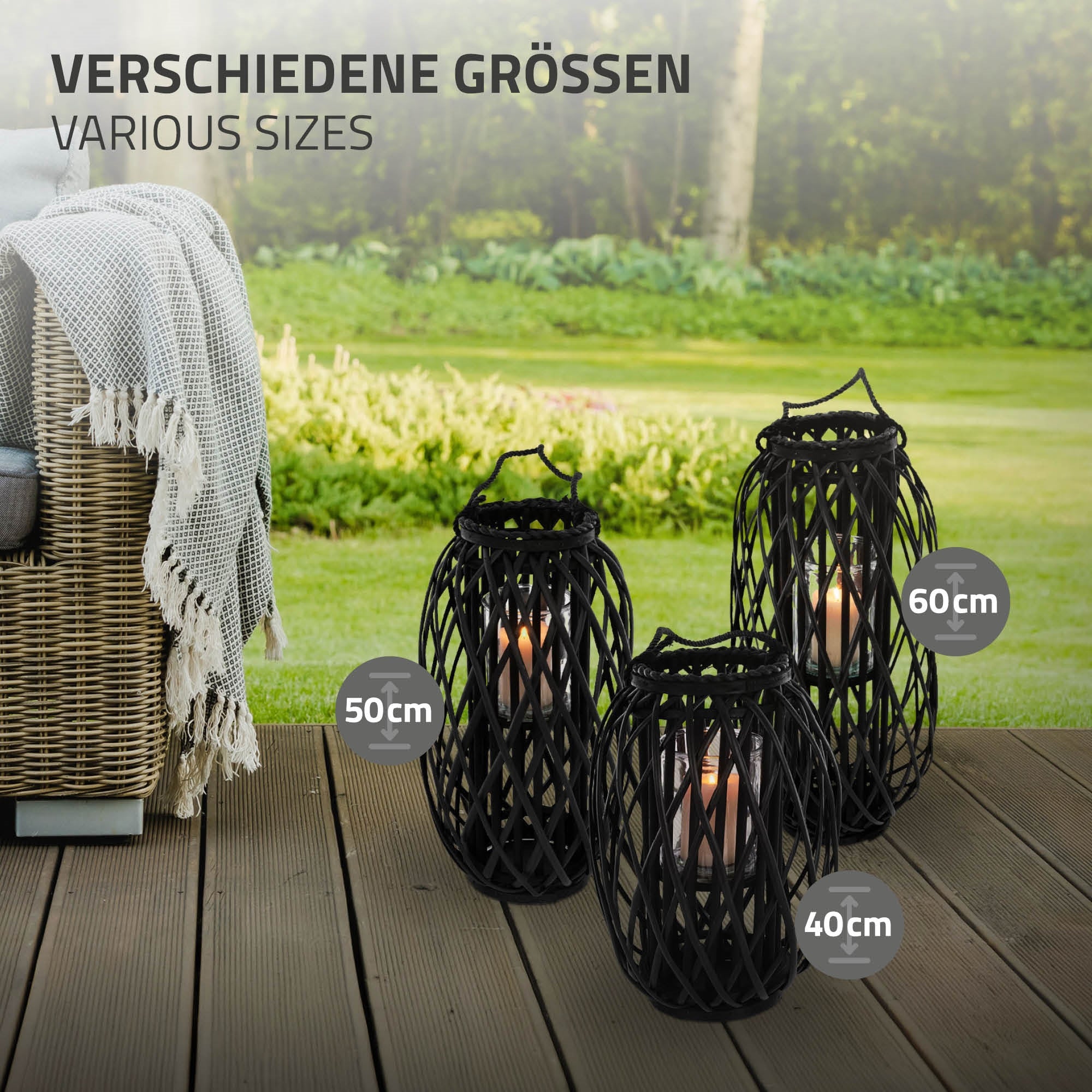 ECD Germany Garten Riedlaterne lanterne rotin noir 50 cm avec anse