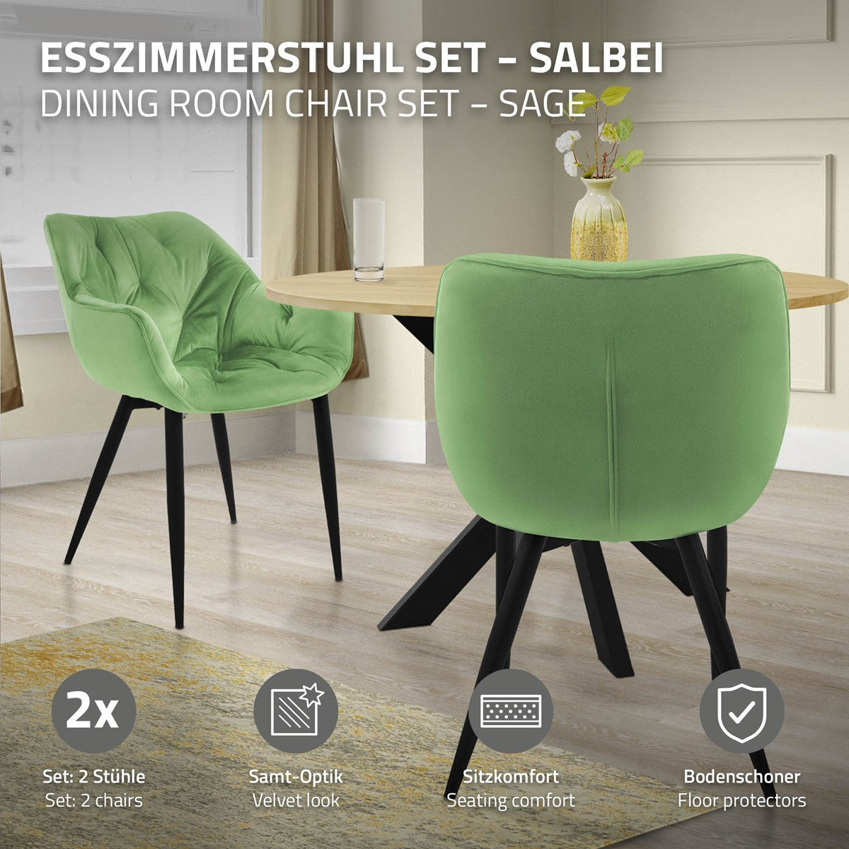 ECD Germany Chaise salle à manger Sauge Velours Lot de 2 Matelassée