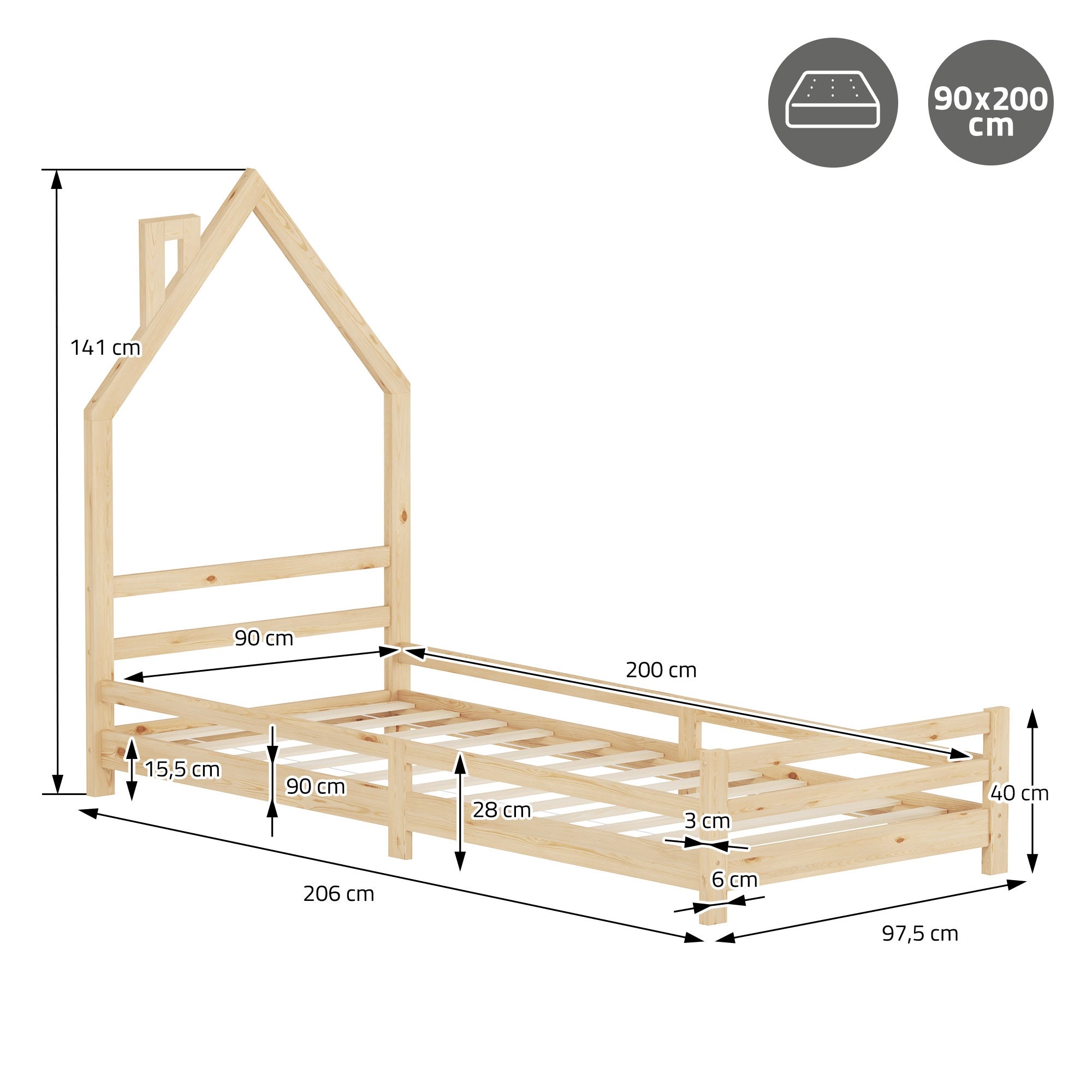 ECD Germany Kinder lit cabane 90x200 nature pin massif