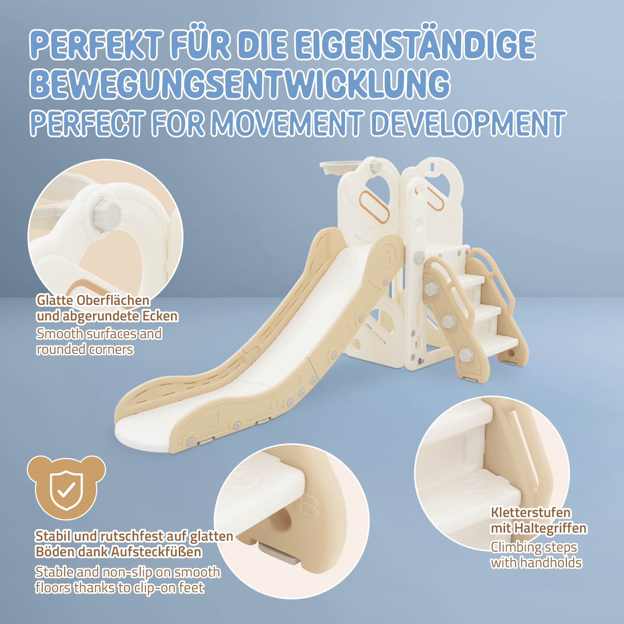 ECD Germany Kinder tour de jeux 3en1 beige toboggan + panier basket