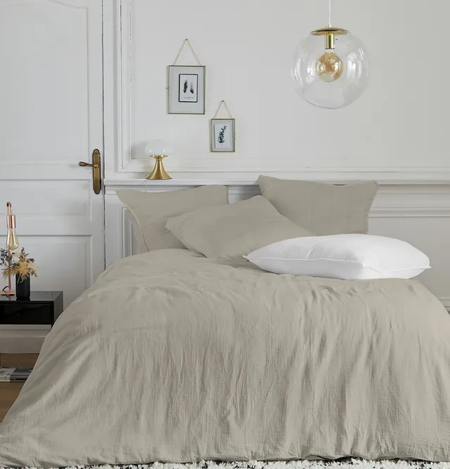Housse de couette gaze de coton taupe 2 taies