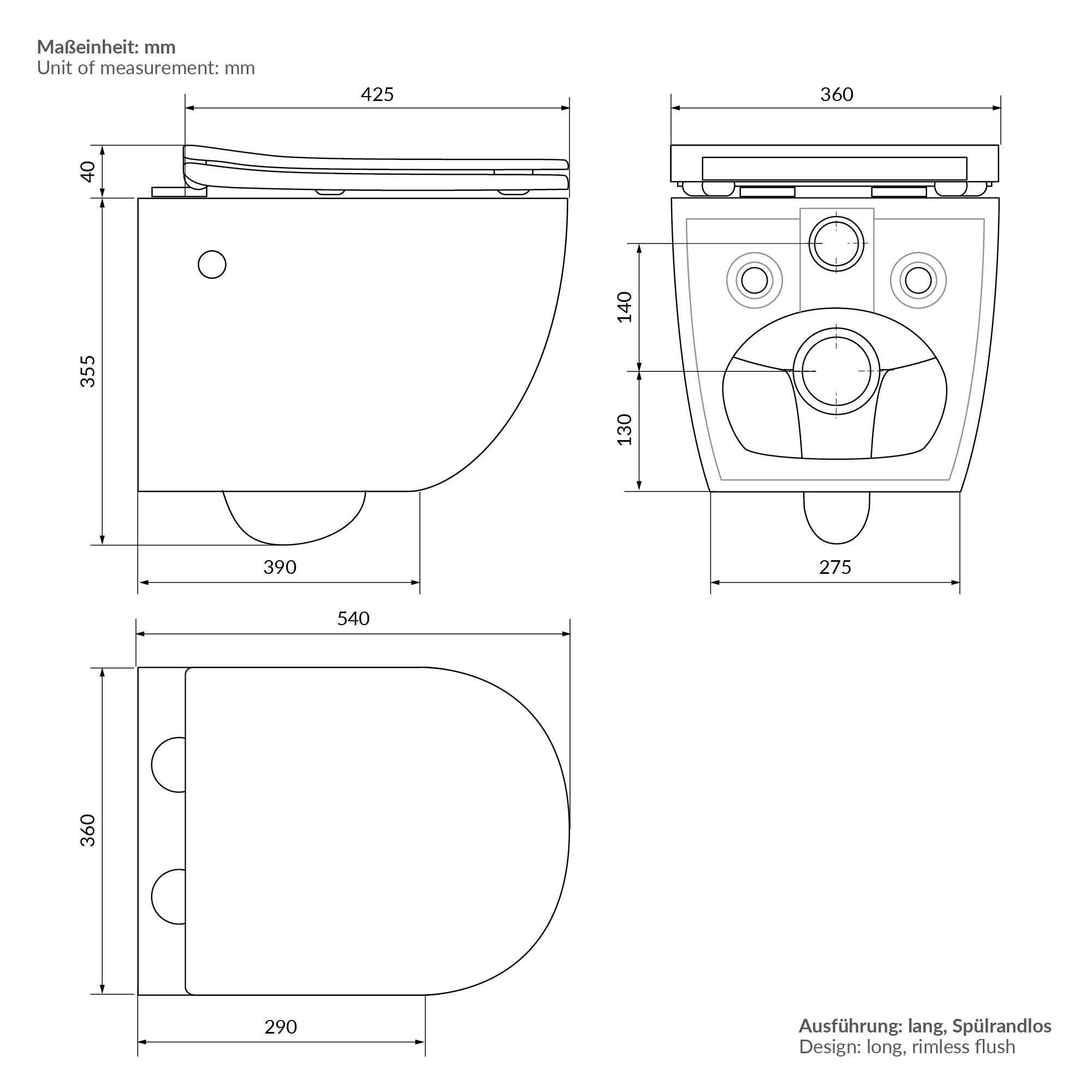 ECD Germany Sanitär WC suspendu 54 cm bidet sans bride