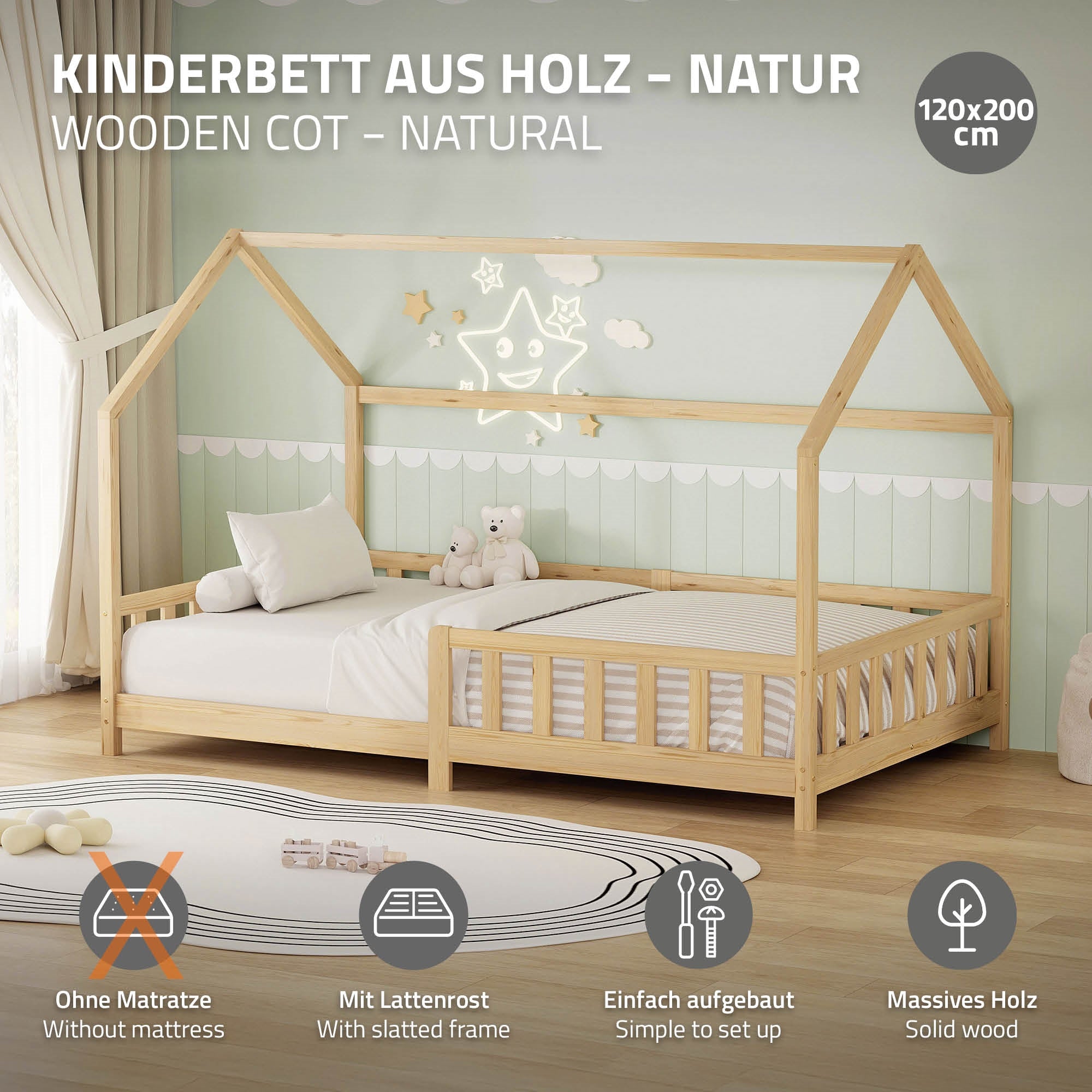 ECD Kinder lit cabane enfant 120x200 pin nature barrière toit