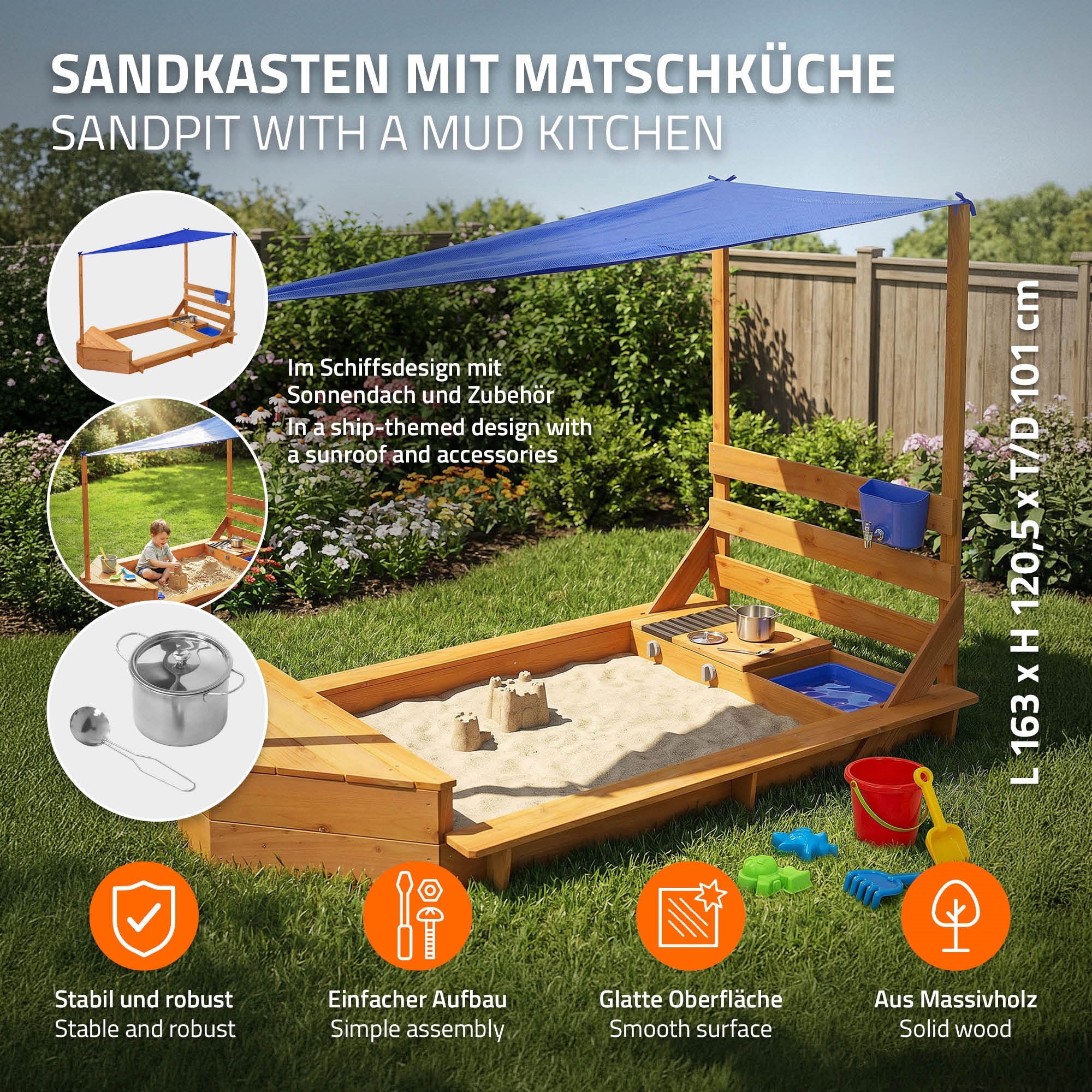 ECD Germany Kinder bac à sable bateau 101x163 bois toit cuisine