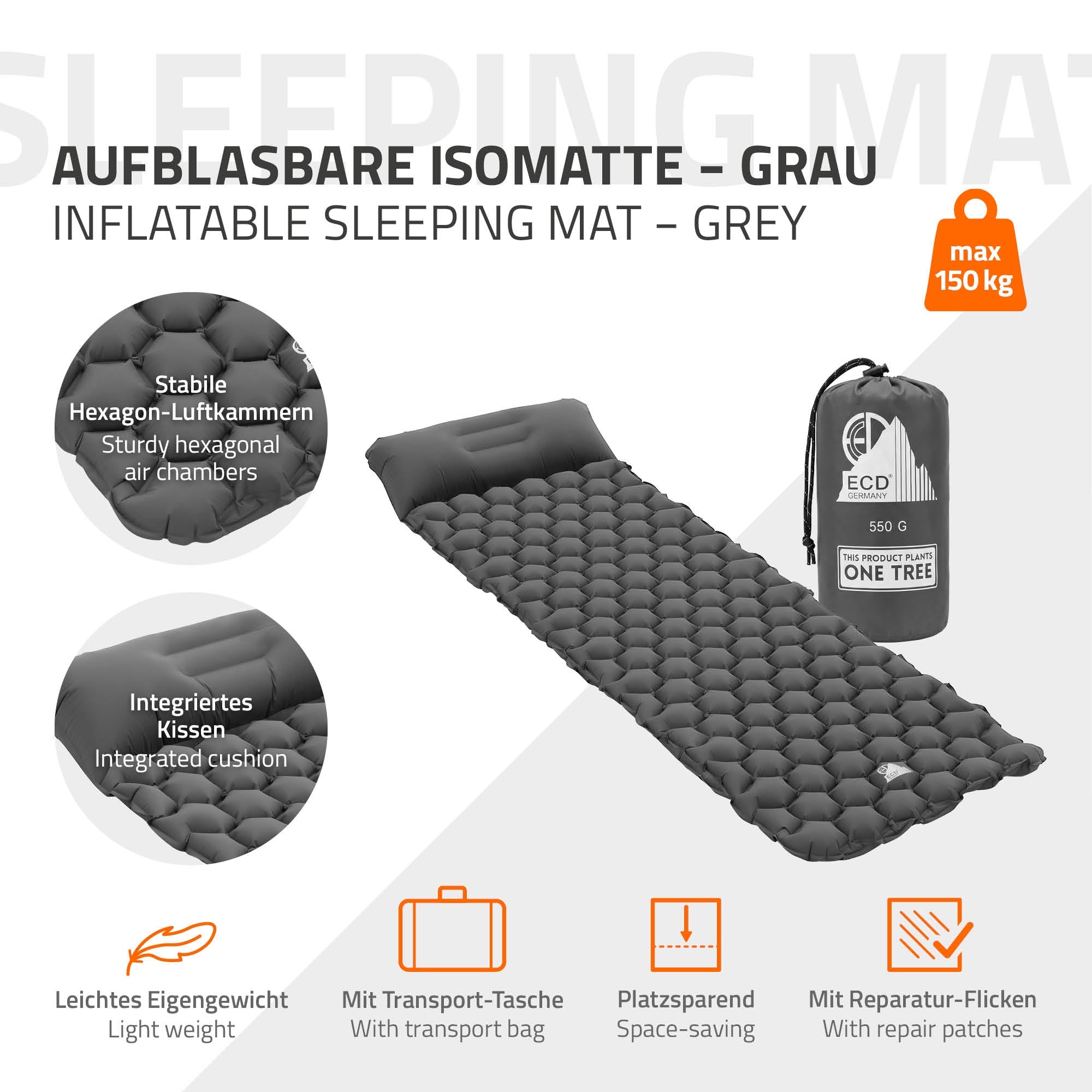 ECD Germany Sport Matelas camping gonflable gris avec oreiller