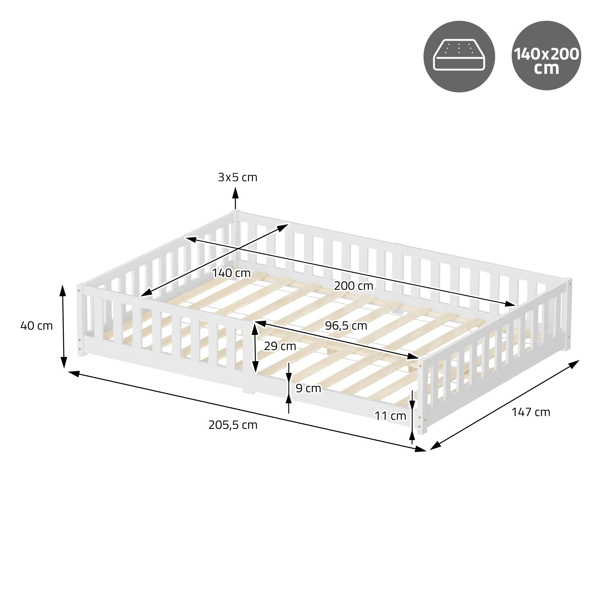 ML-Design lit enfant 140x200 cm blanc pin sommier barrière