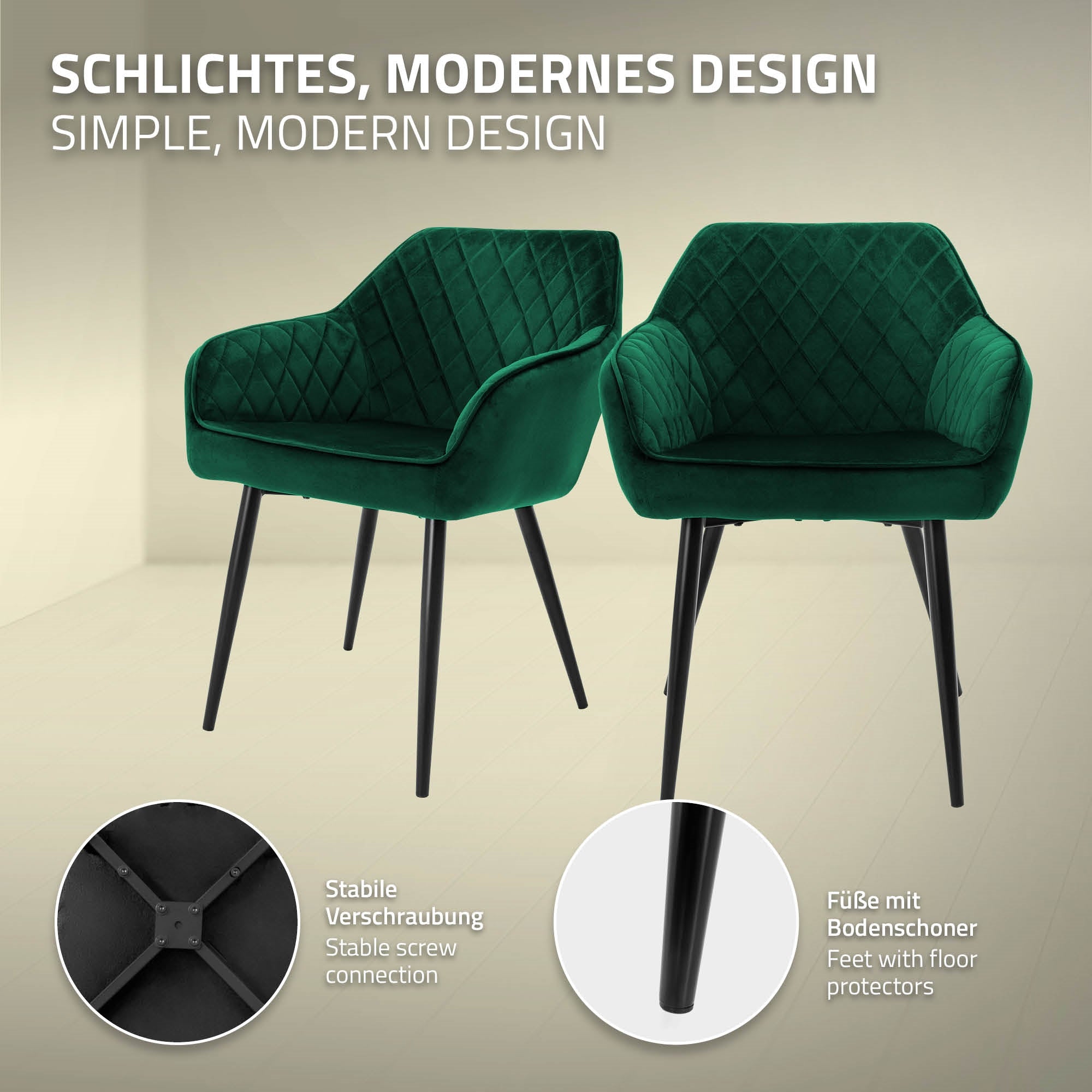 ECD Germany ML-Design chaise salle à manger velours vert lot 4