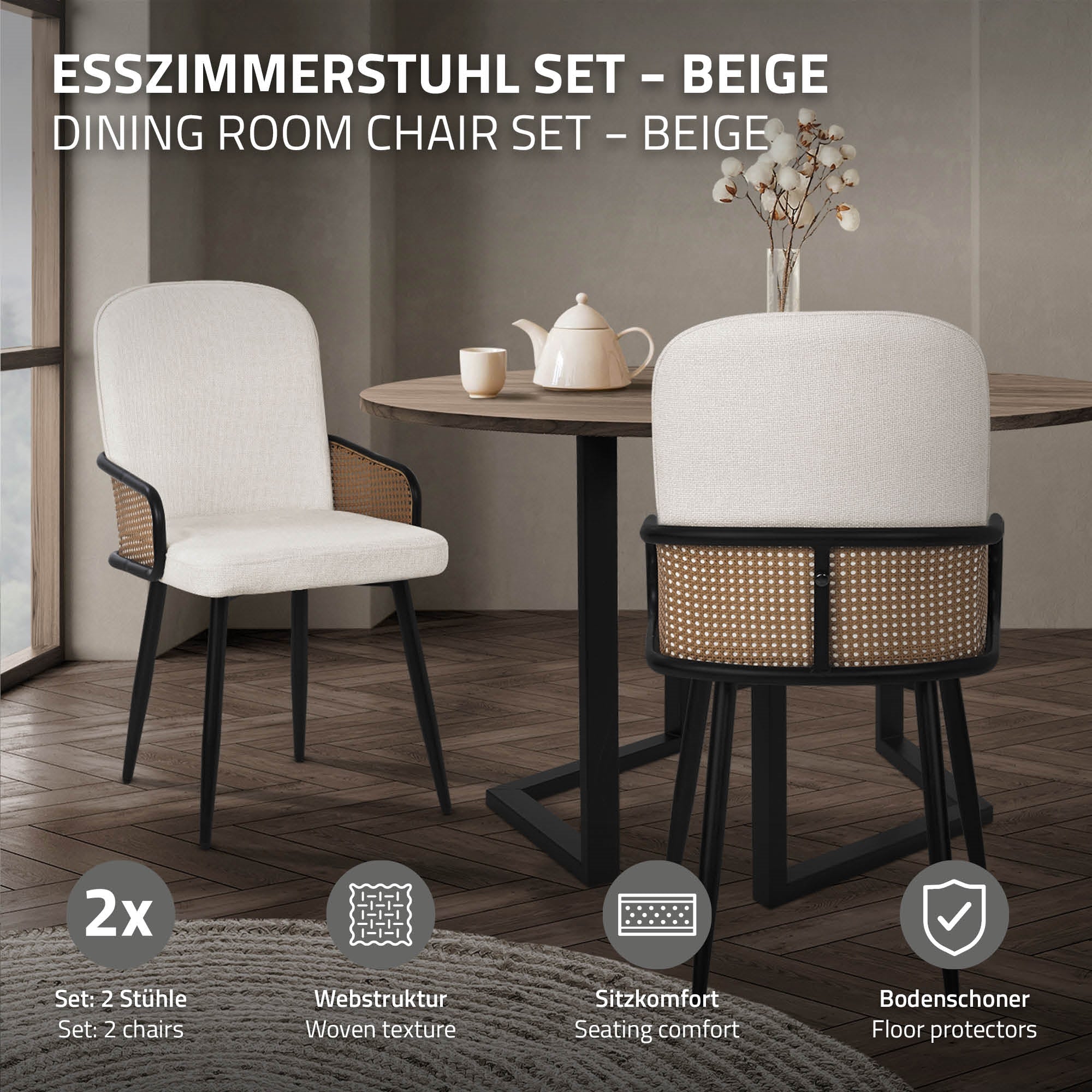 ECD Germany ML-Design lot 2 chaises tissu anthracite rotin 120 kg