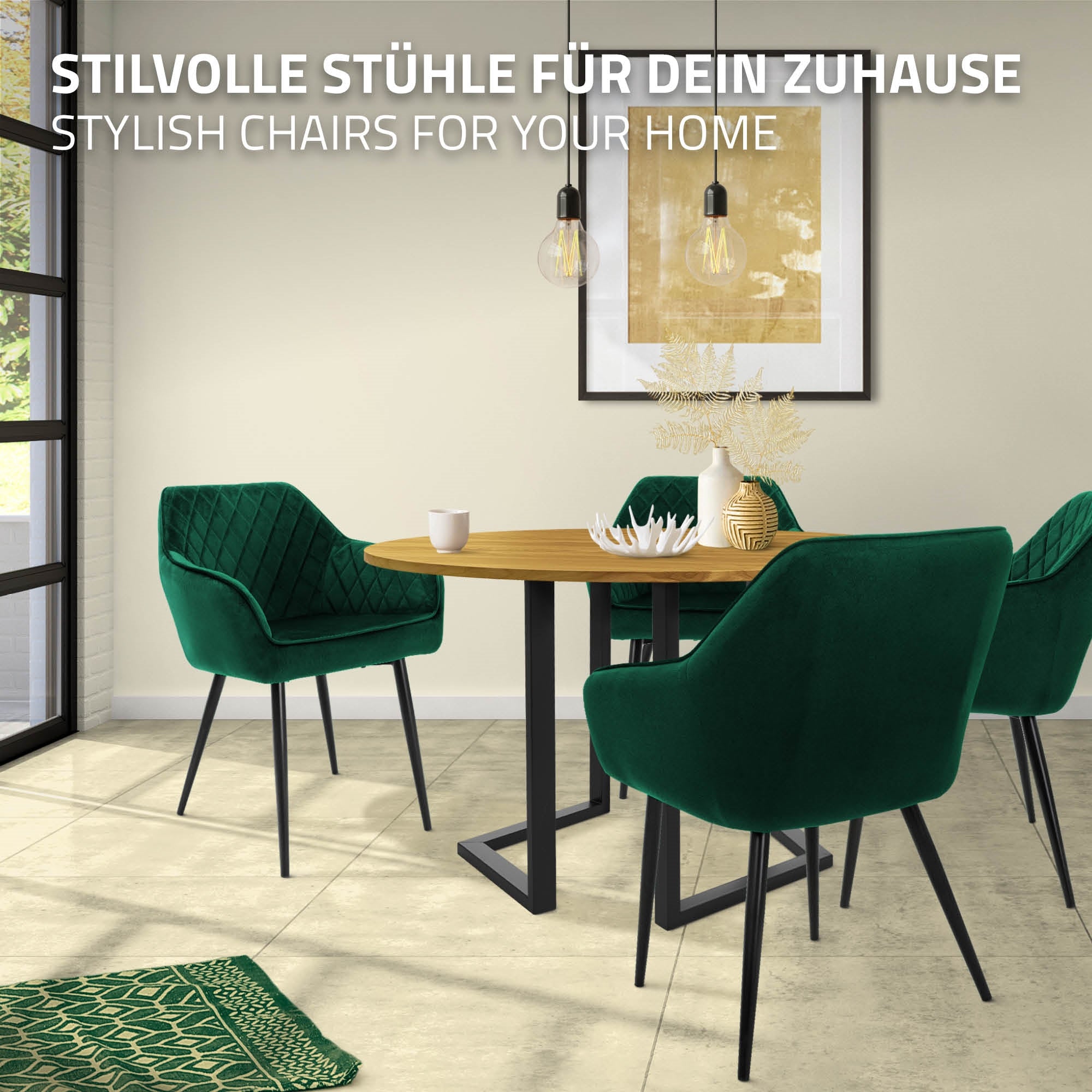 ECD Germany ML-Design chaise salle à manger velours vert lot 4