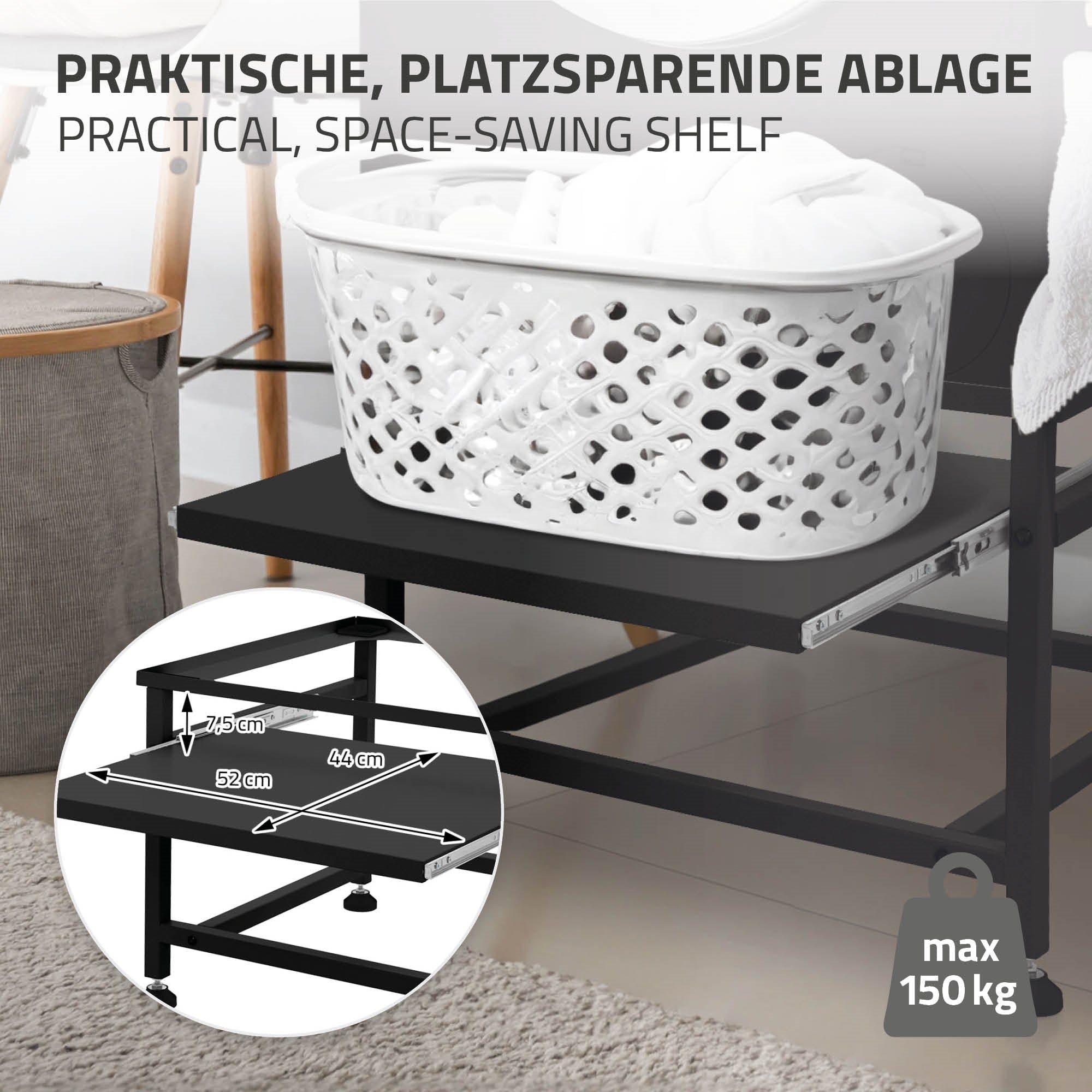 ECD Germany Möbel support lave-linge 62,5 cm noir avec tablette