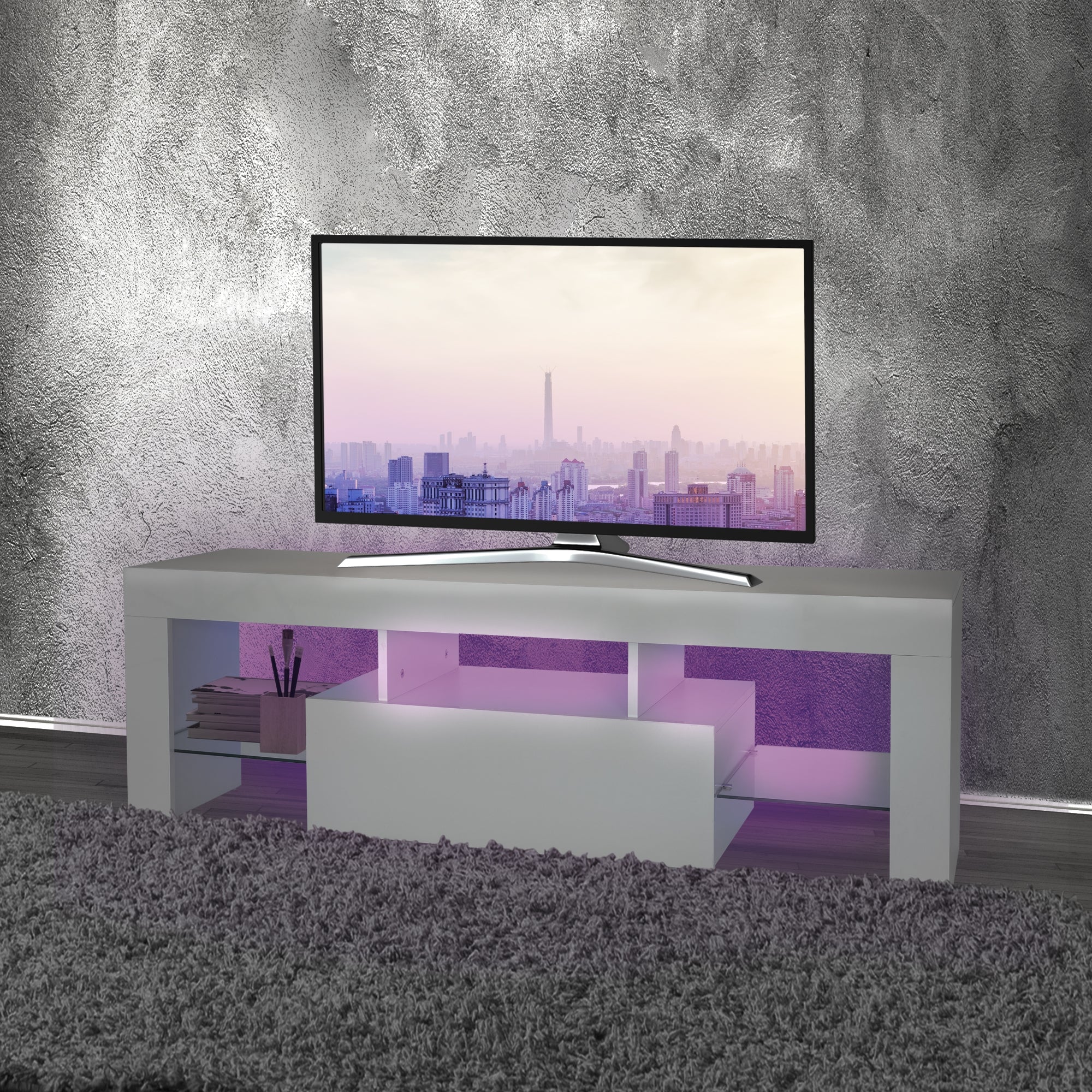 ML-Design meuble TV 130x49x45 blanc LED verre téléviseur