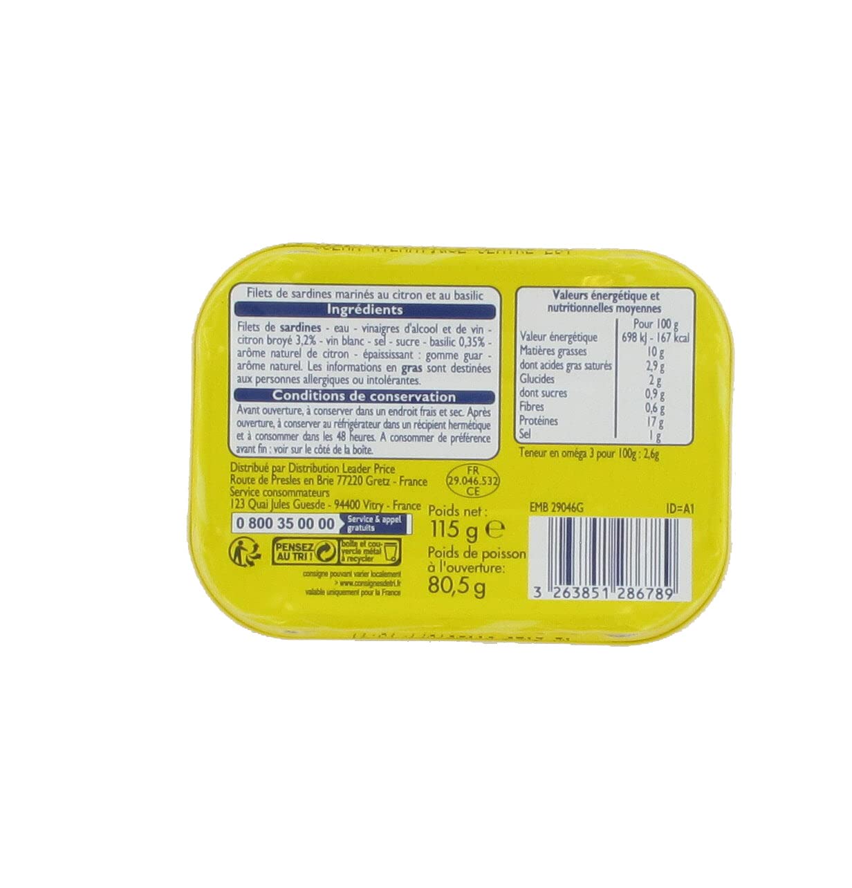 Leader Price filets de sardines citron basilic 80g