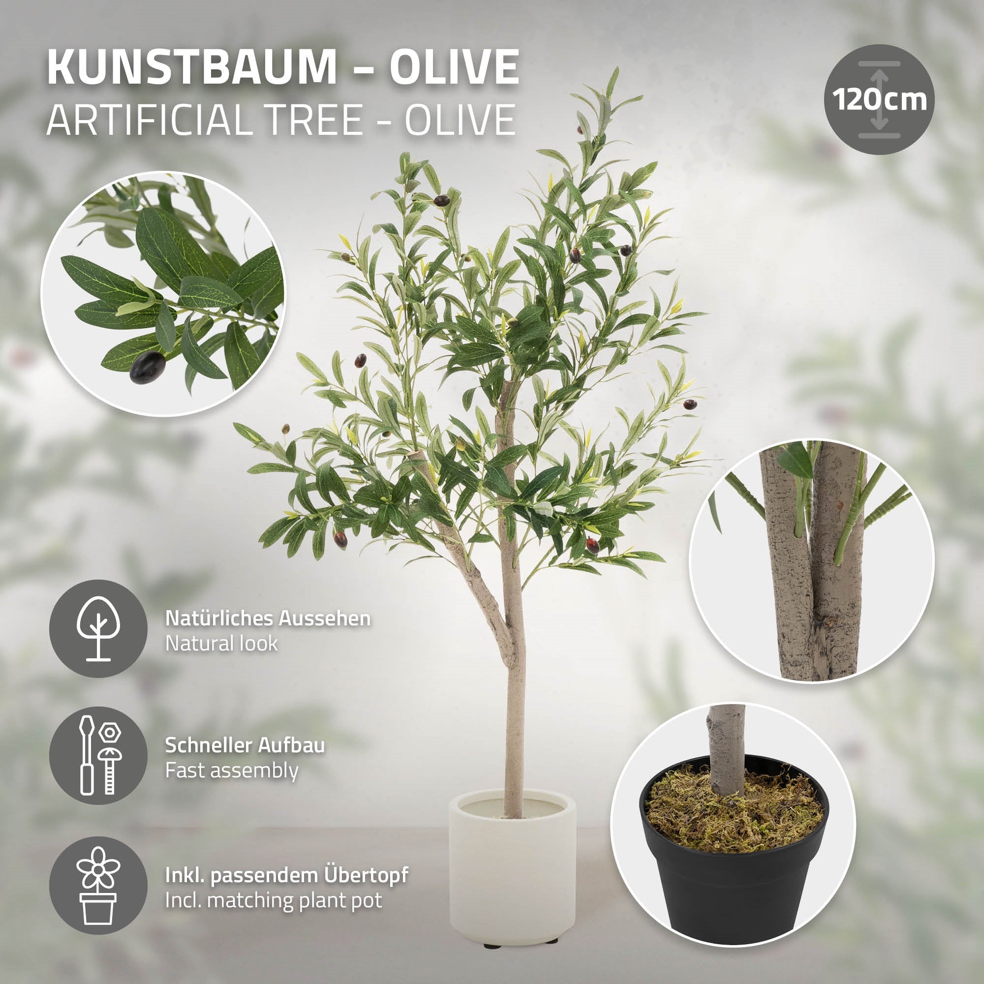 ML-Design olivier artificiel 120 cm avec pot blanc
