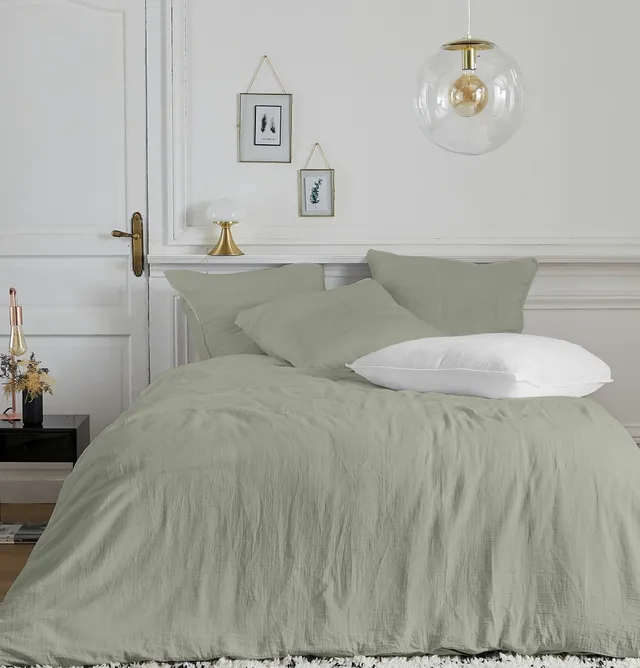 Stokomani Maison Housse couette gaze coton vert +2 taies