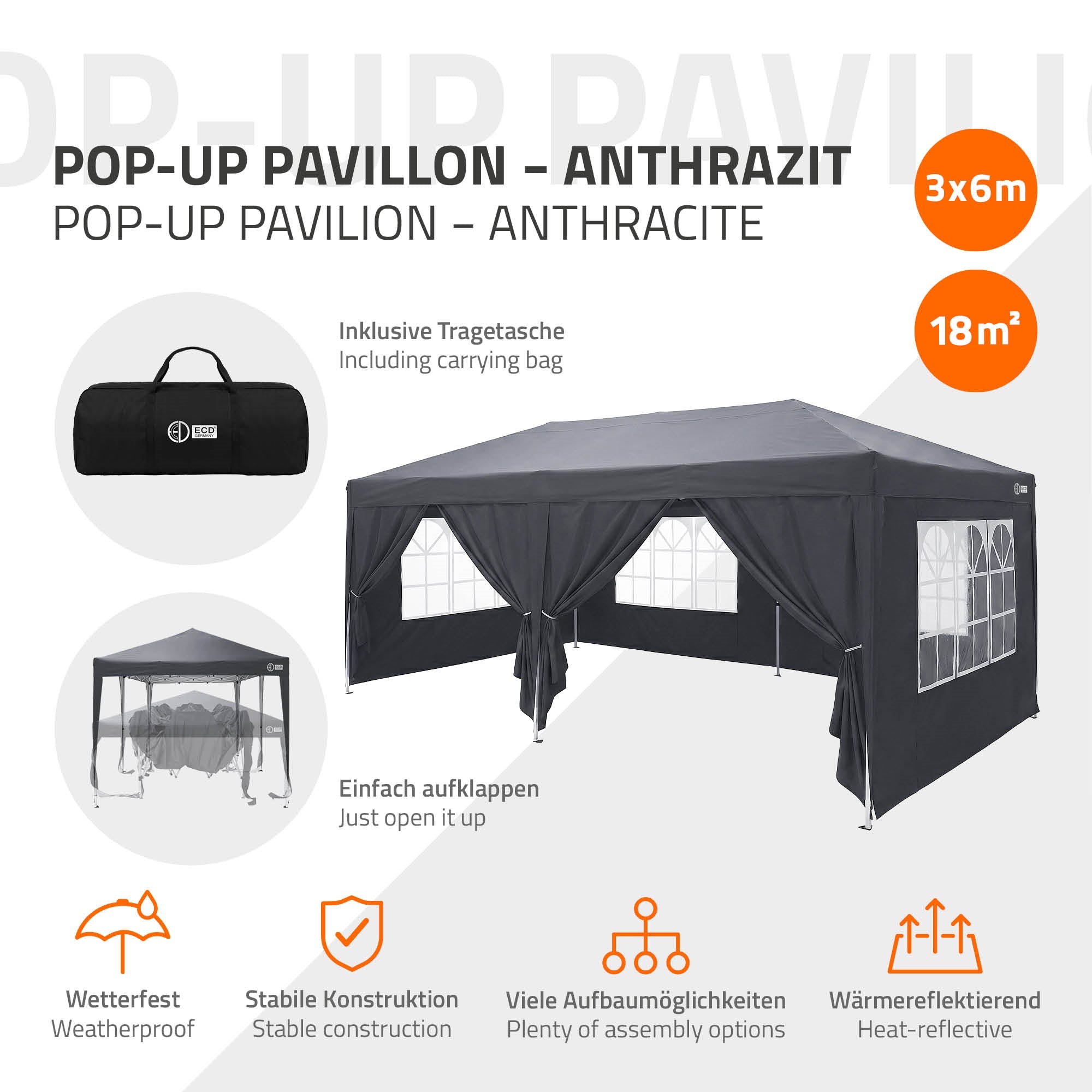 ECD Germany Garten tonnelle pliante 3x6 anthracite 6 parois