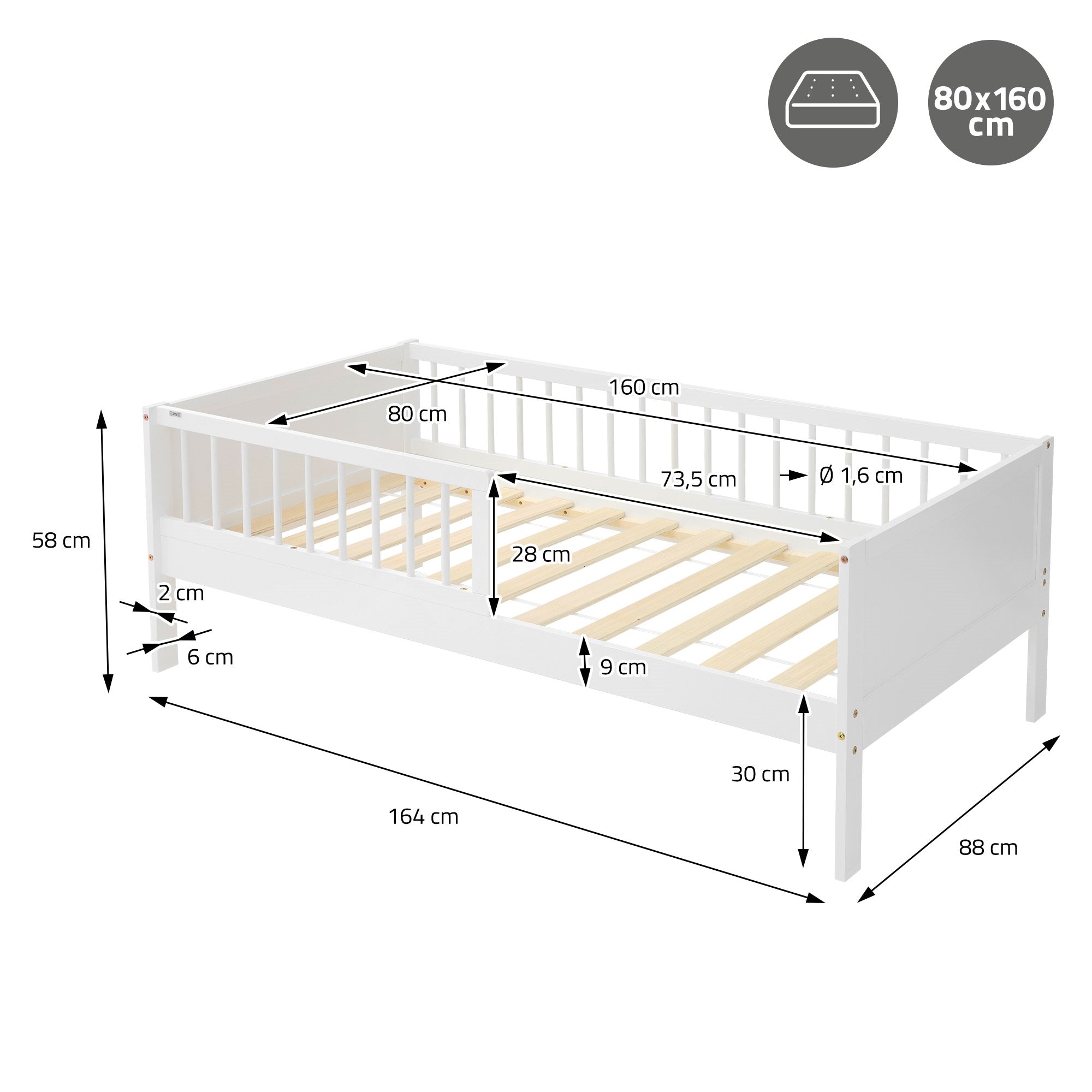 ECD Germany Kinder lit enfant 80x160 blanc pin barrière