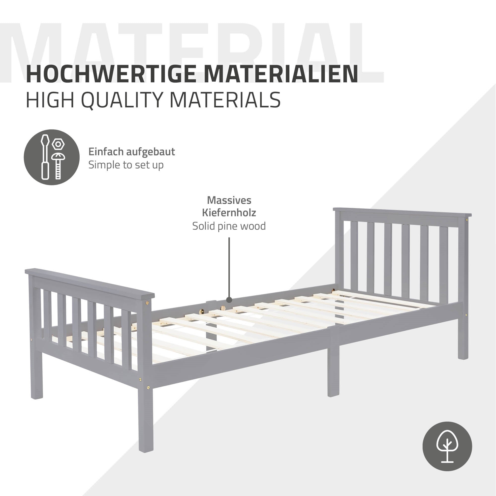 ECD Germany ML-Design lit simple 90x200 pin gris clair matelas 10cm