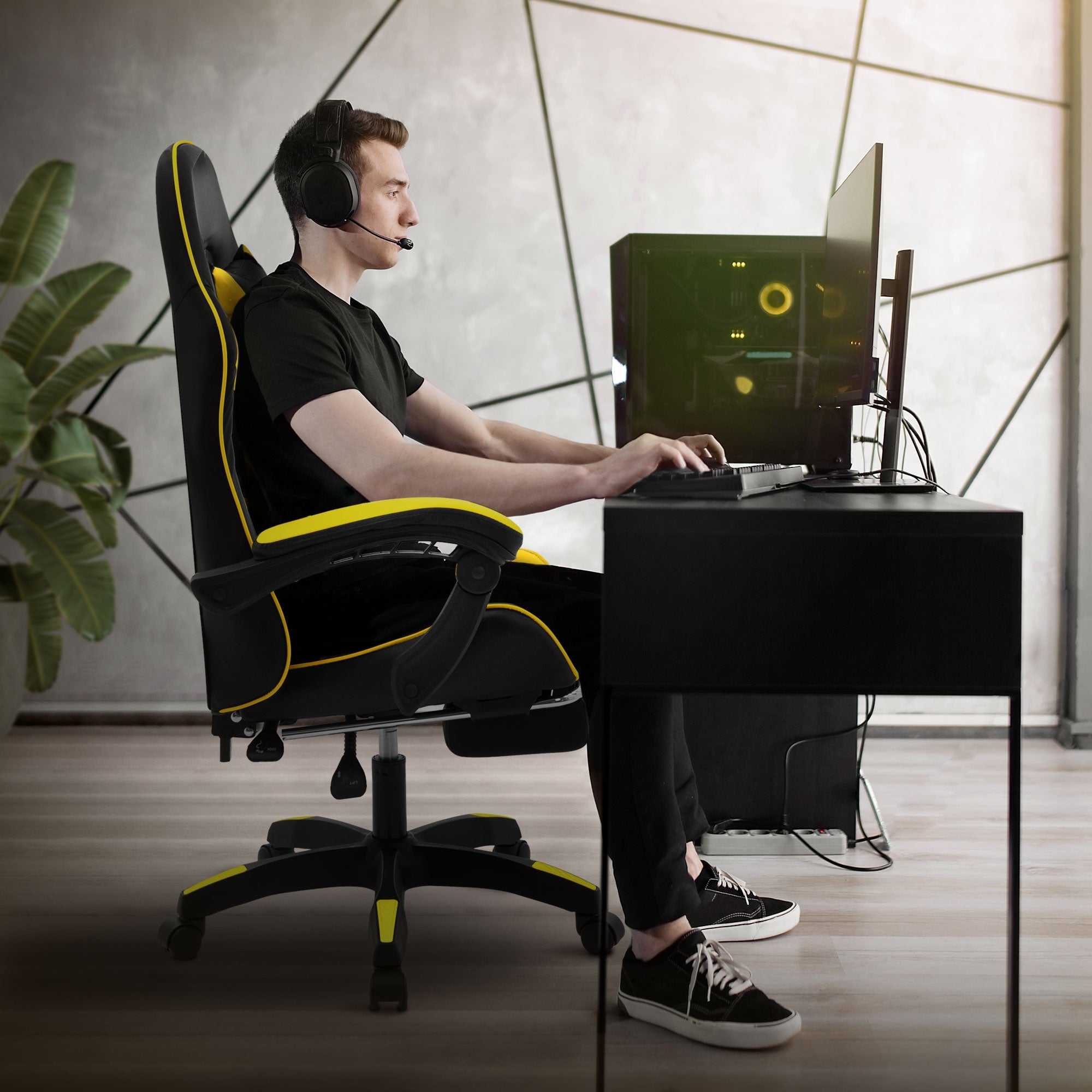 ECD Germany Möbel chaise gaming noir-jaune similicuir repose-pieds