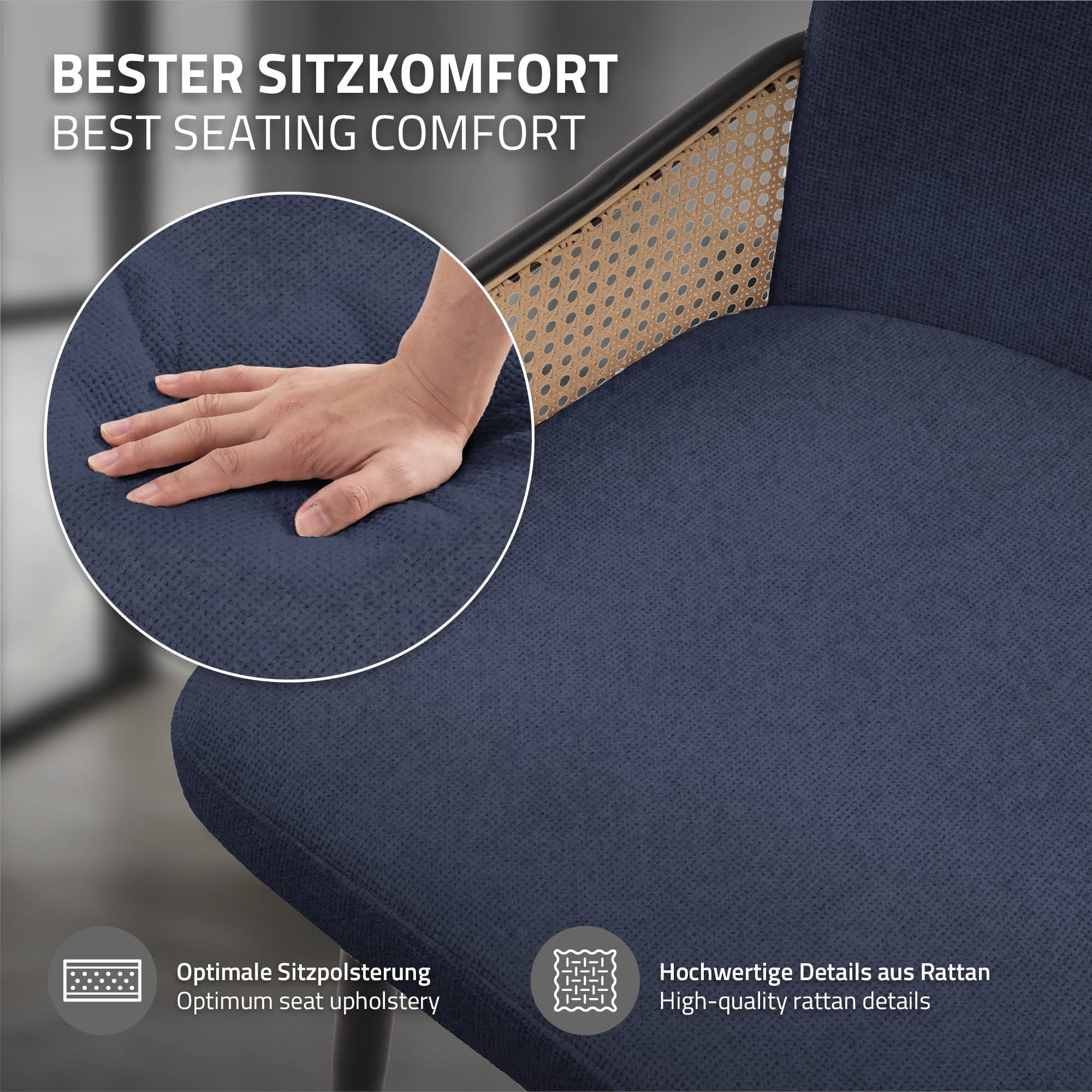 ECD Germany Möbel Lot 6 chaises bleu foncé tissu rotin accoudoirs