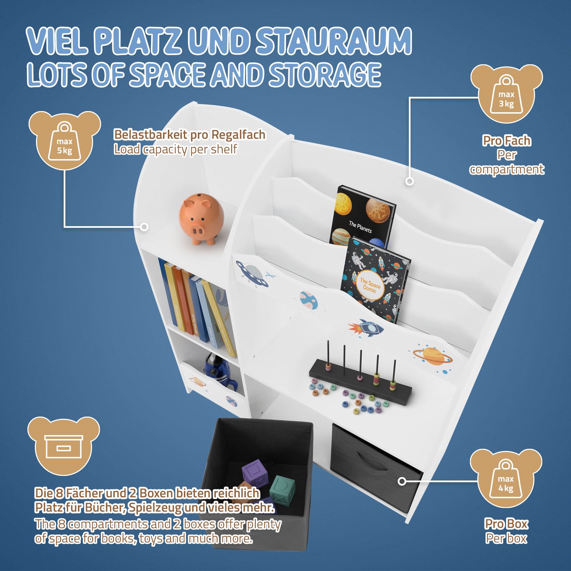 ECD Germany Kinder Étagère Enfant Espace Blanc 8 Cases +2 Boîtes