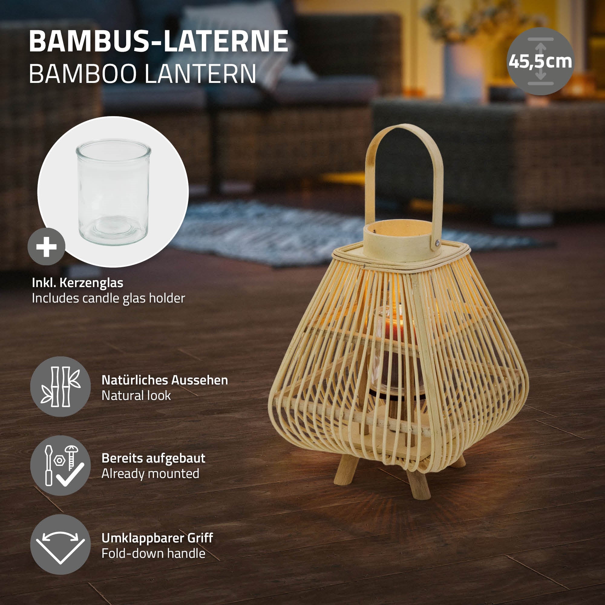 ECD Germany Garten lanterne bambou 45,5 cm photophore verre