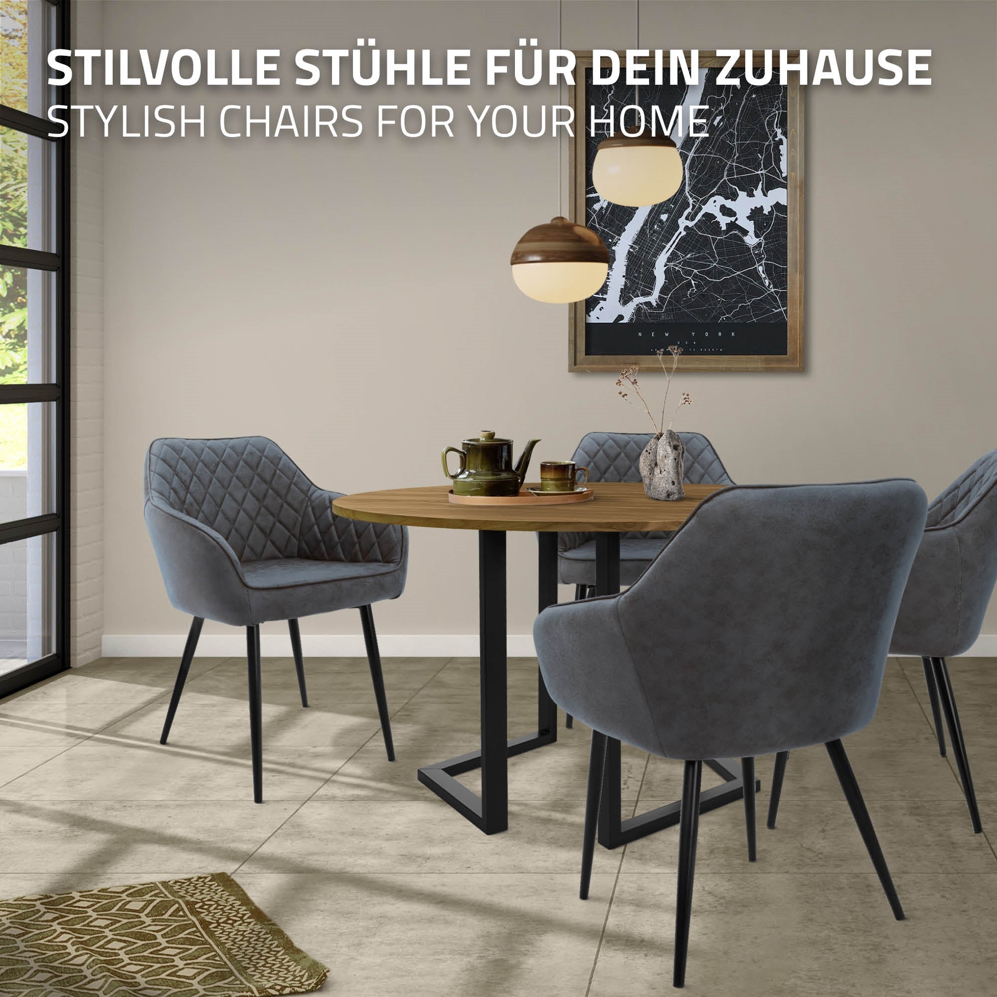 ECD Germany Möbel chaise cuisine anthracite simili lot 4 capitonnée