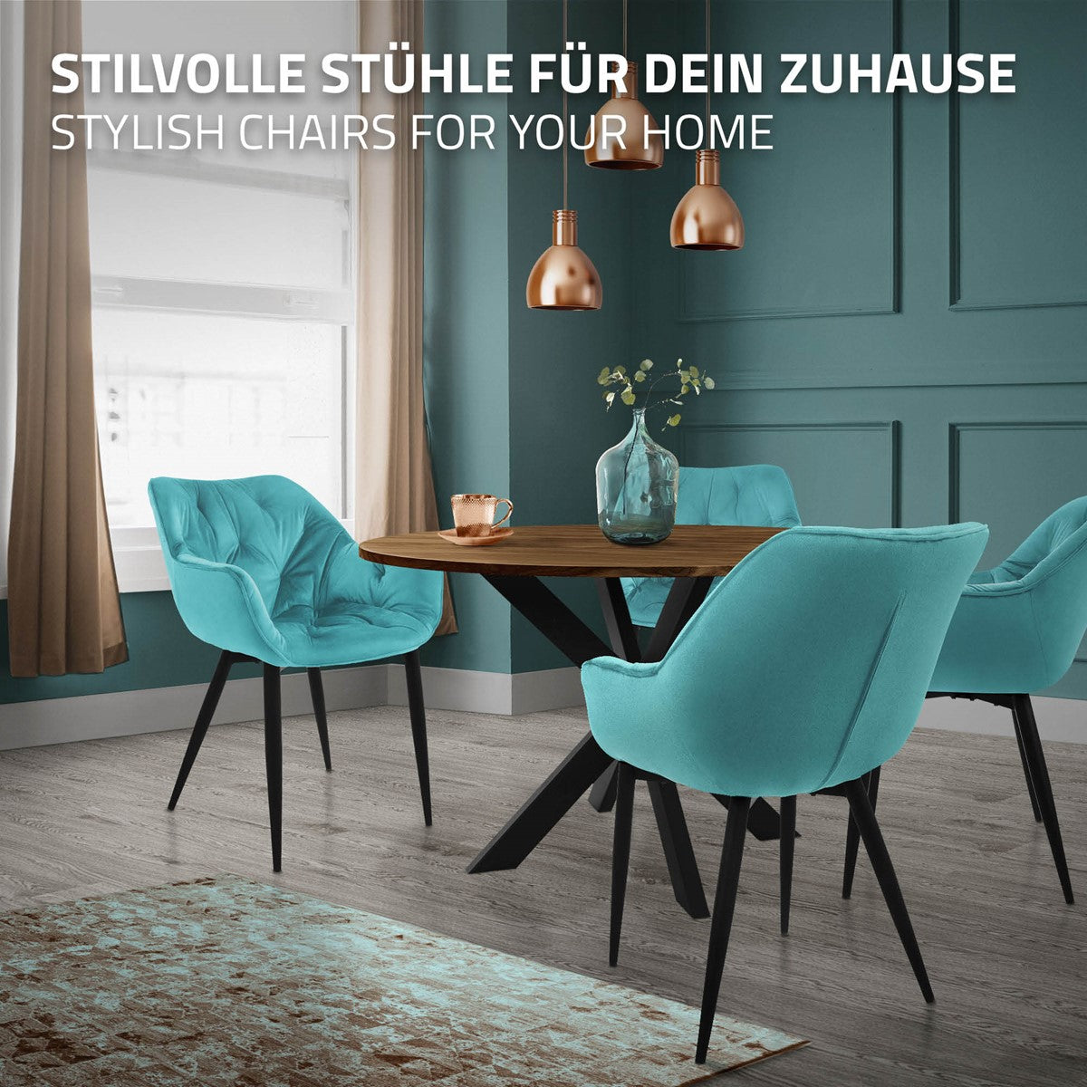 ECD Germany Möbel Chaise salle à manger velours pétrole lot de 6