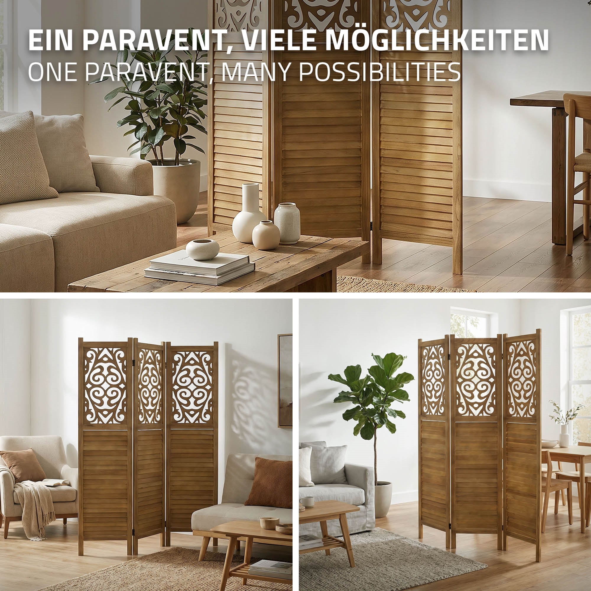 ECD Germany Möbel Tokio paravent bois brun 170x121 cm