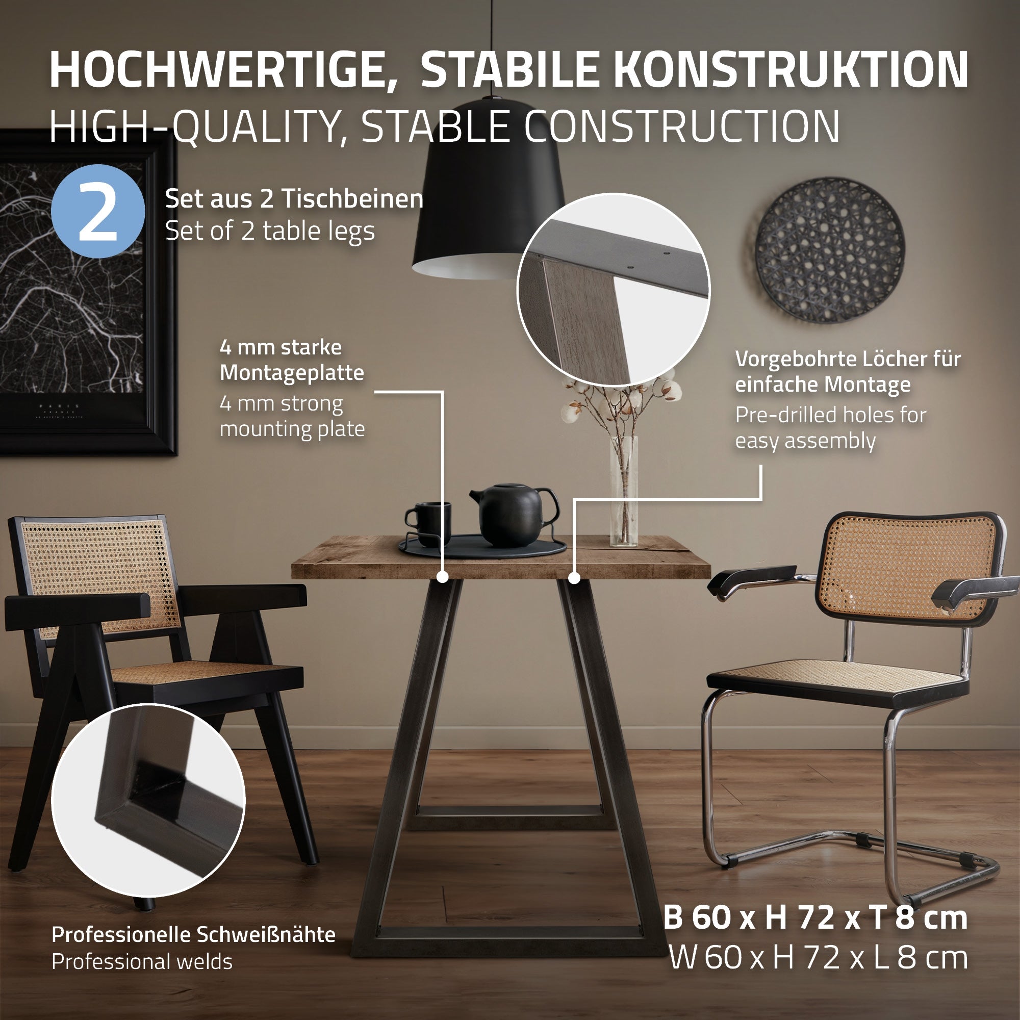 ECD Germany Möbel pieds table trapèze 60x72cm acier lot 2