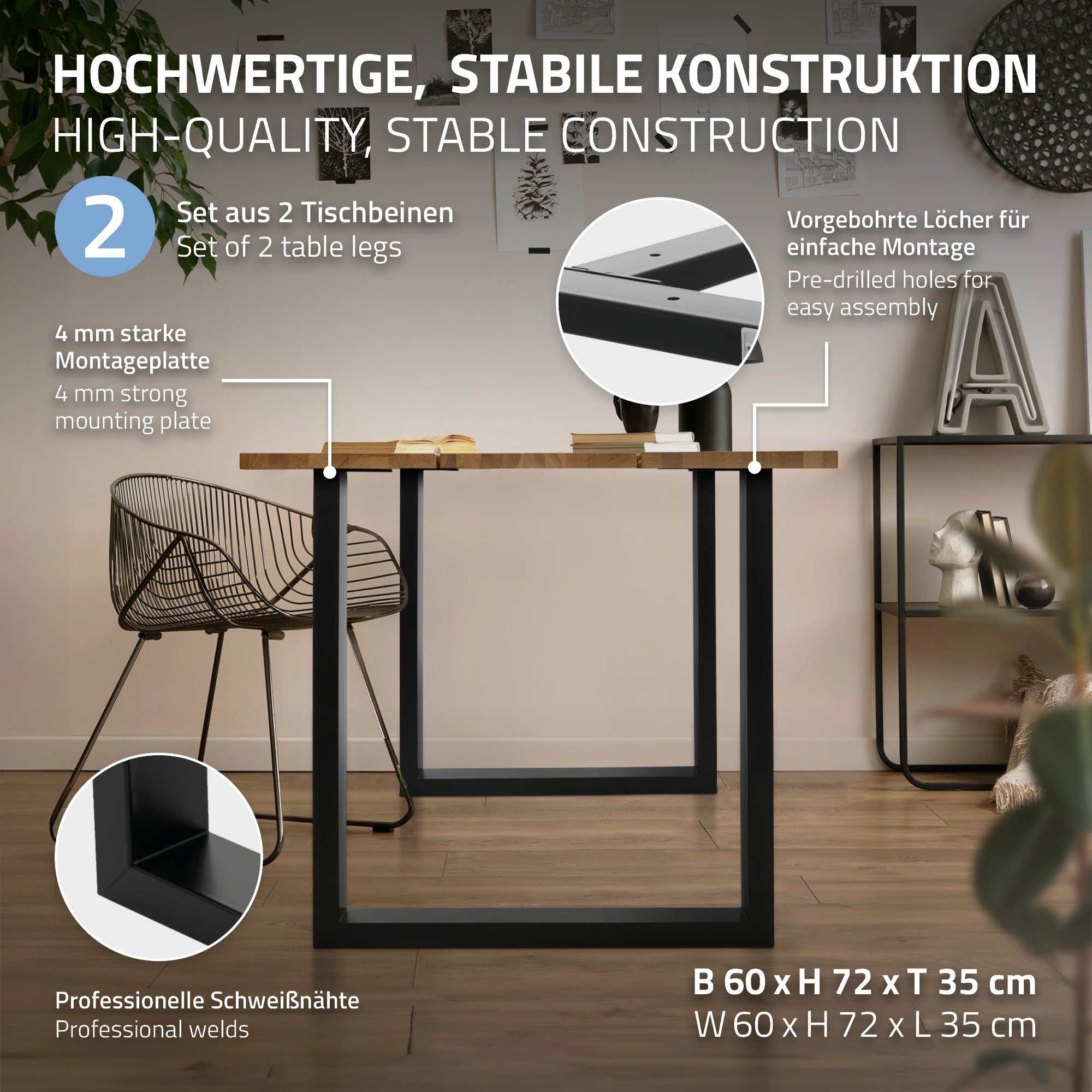 ECD Möbel Pied de table U métal noir 70x74 cm lot 2