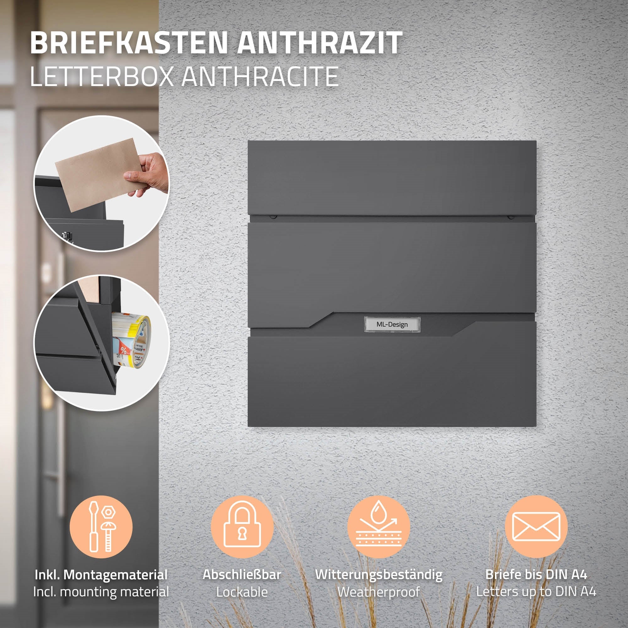 ECD Germany Boite aux lettres murale anthracite inox journal 37 cm
