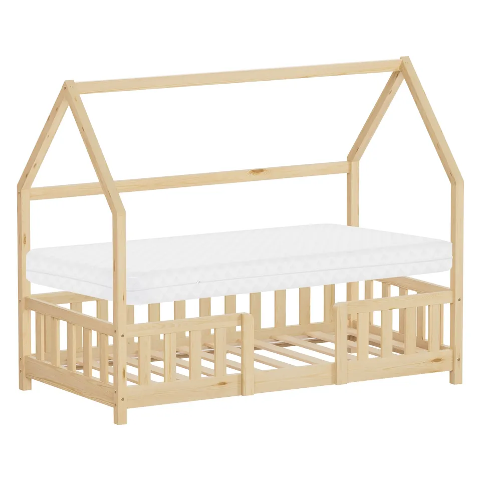 ECD Germany lit cabane enfant 80x160 pin naturel avec matelas