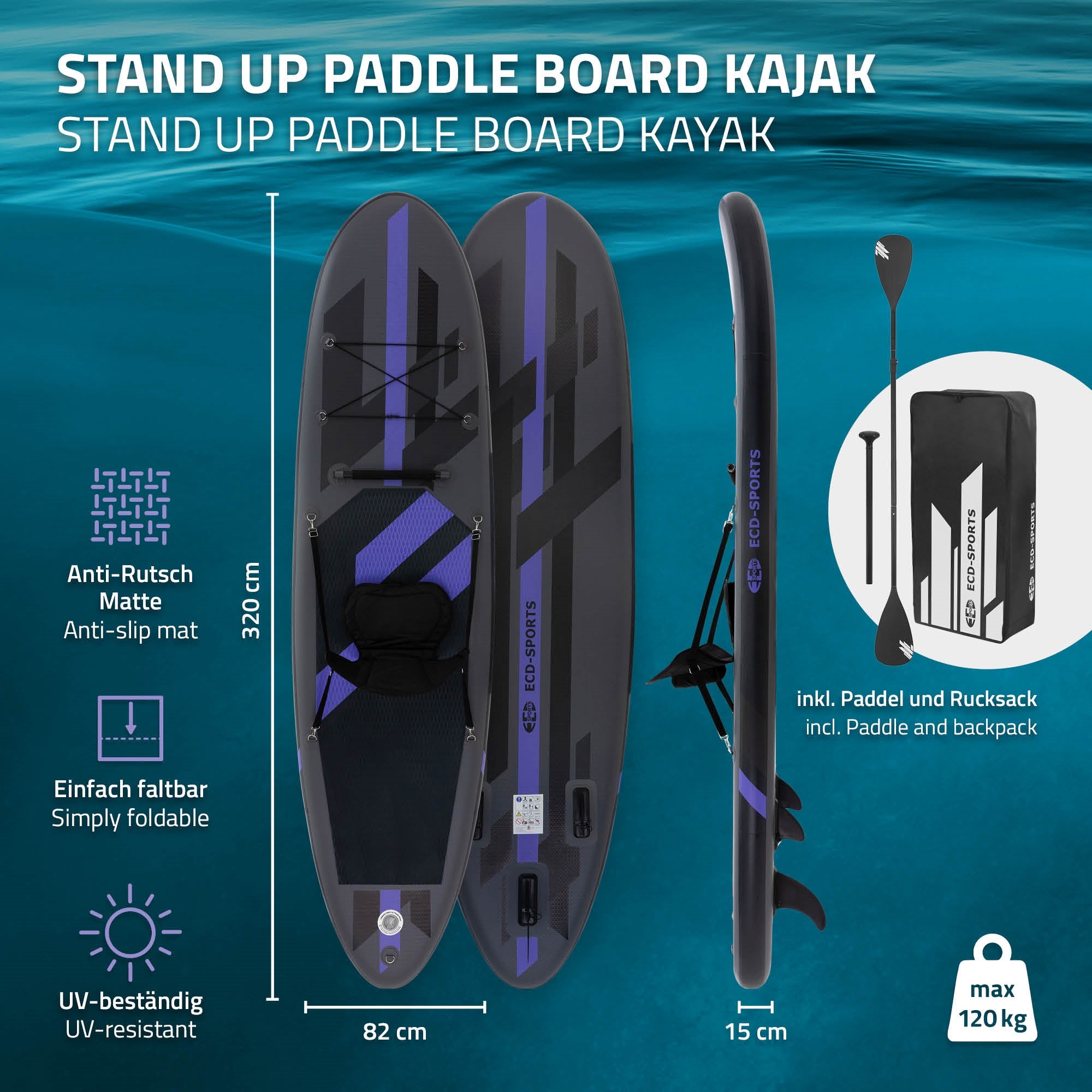 ECD Germany SUP 320x82x15 planche paddle noir siège kayak