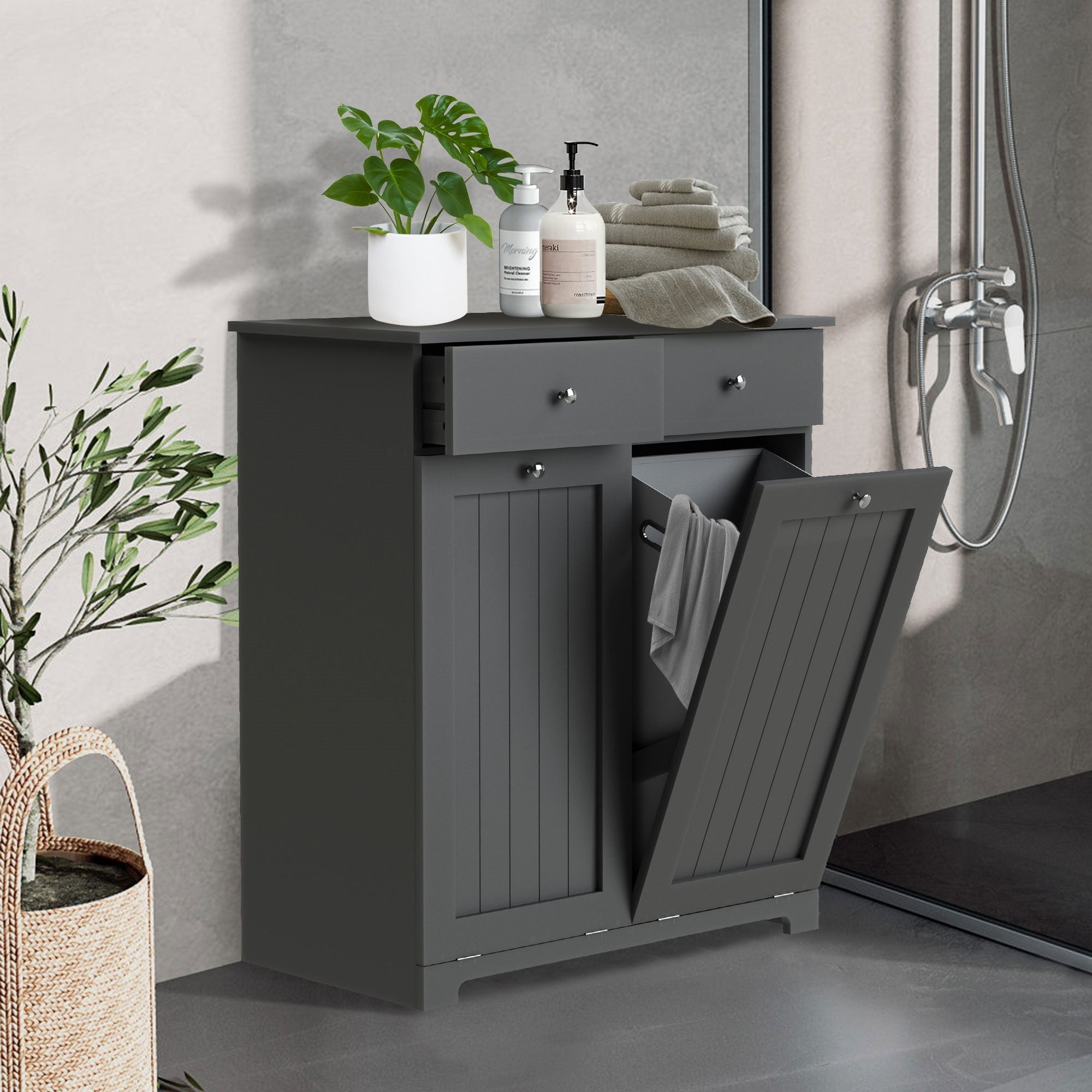 ECD Germany Möbel armoire à linge grise 75x37x90 cm 2 paniers