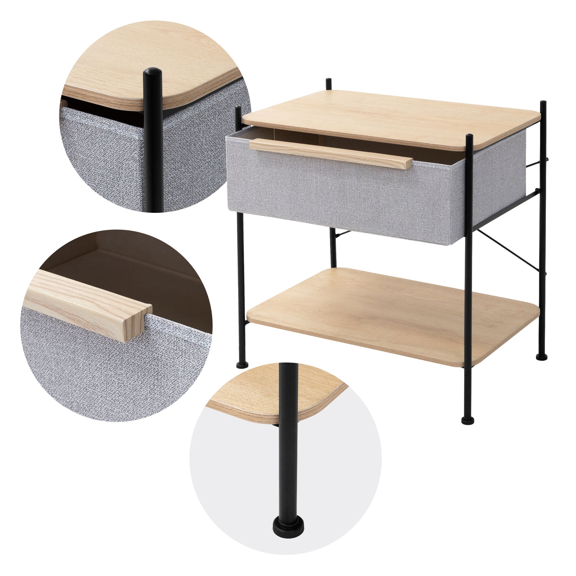 ML-Design chevet tissu chêne 1 tiroir acier noir + MDF
