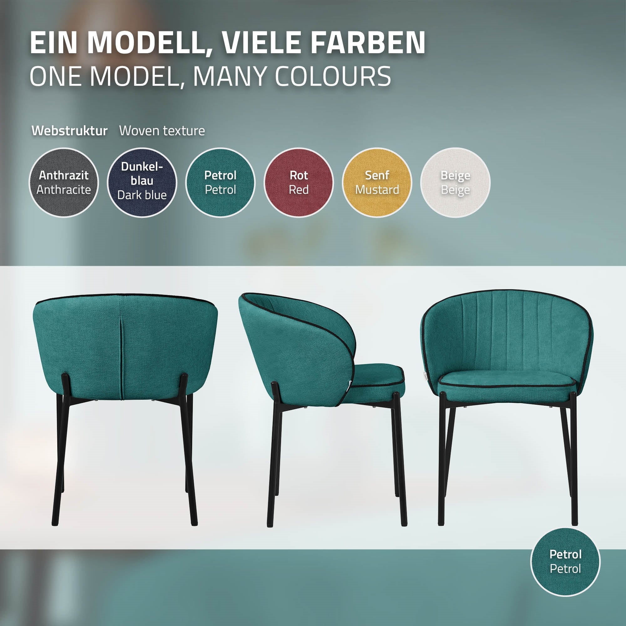 ECD Germany Chaise salle à manger Pétrole Tissu Lot de 2 120 kg
