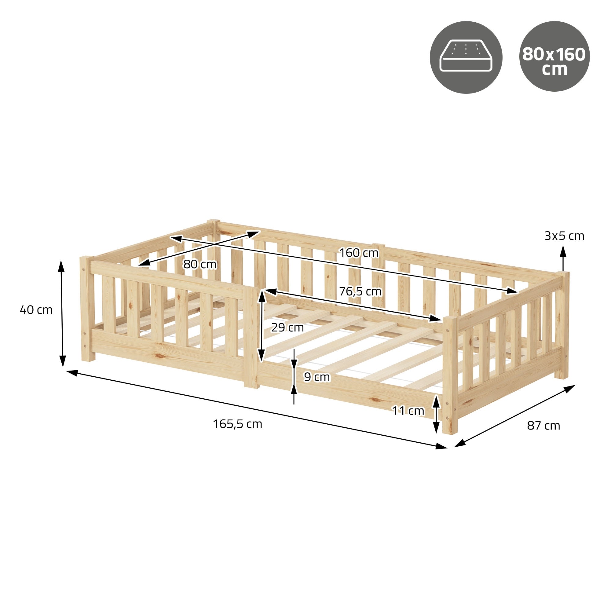 ECD Germany Kinder lit enfant 80x160 pin naturel sans matelas